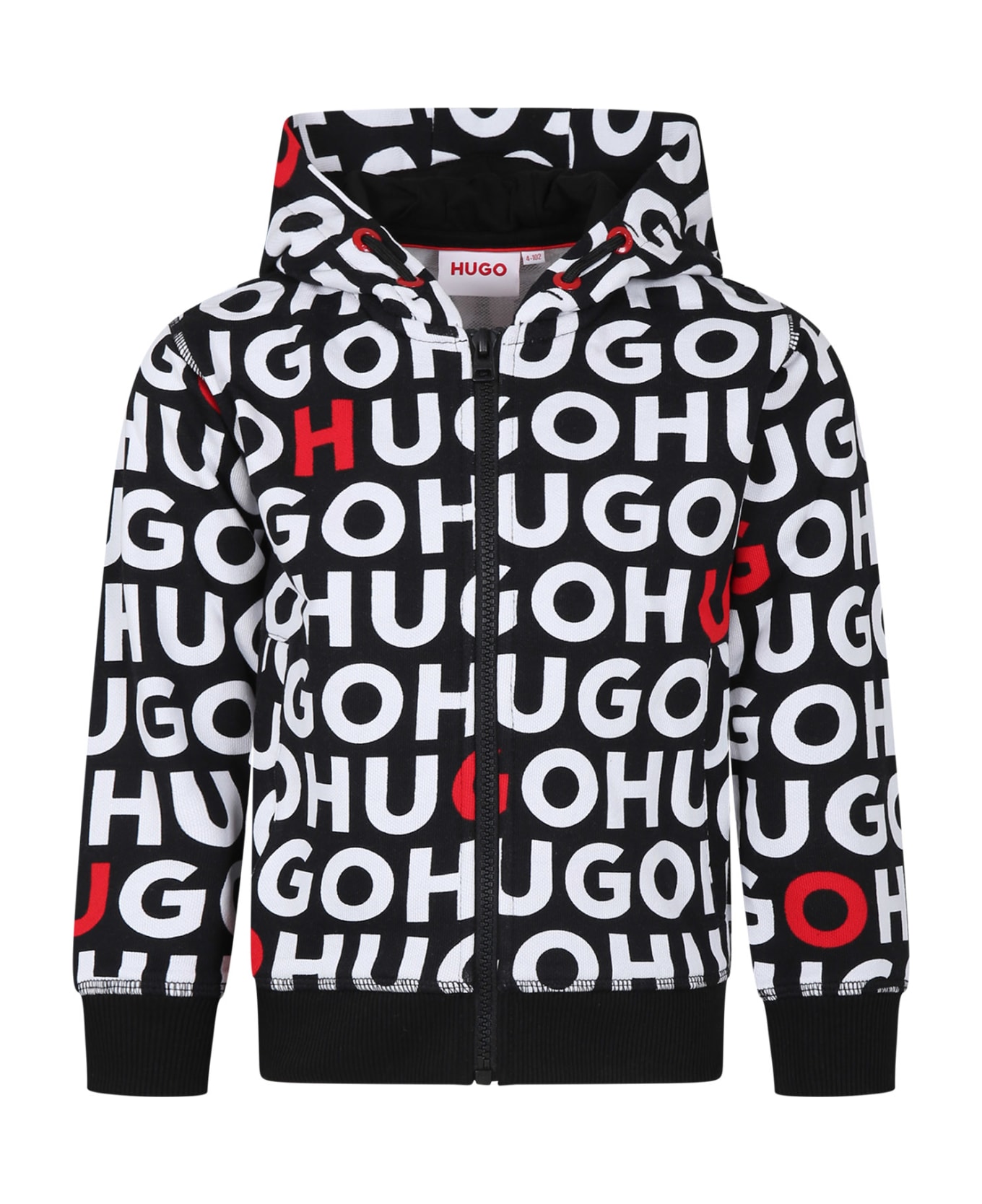 Hugo Boss Black Hooded Sweatshirt For Boy With All-over Logo - Black ニットウェア＆スウェットシャツ