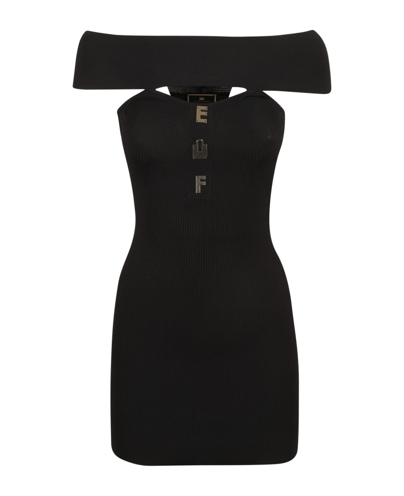 Elisabetta Franchi Logo Plaque Off-shoulder Knit Mini Dress - Black