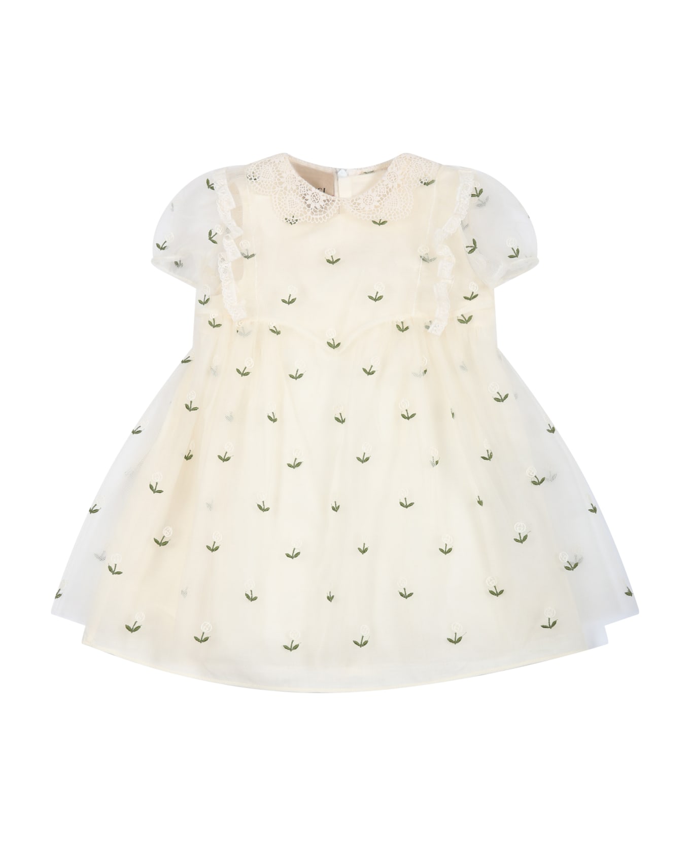 Gucci Ivory Dress For Baby Girl With All-over Embroidered Flowers And Logo Gg - Ivory