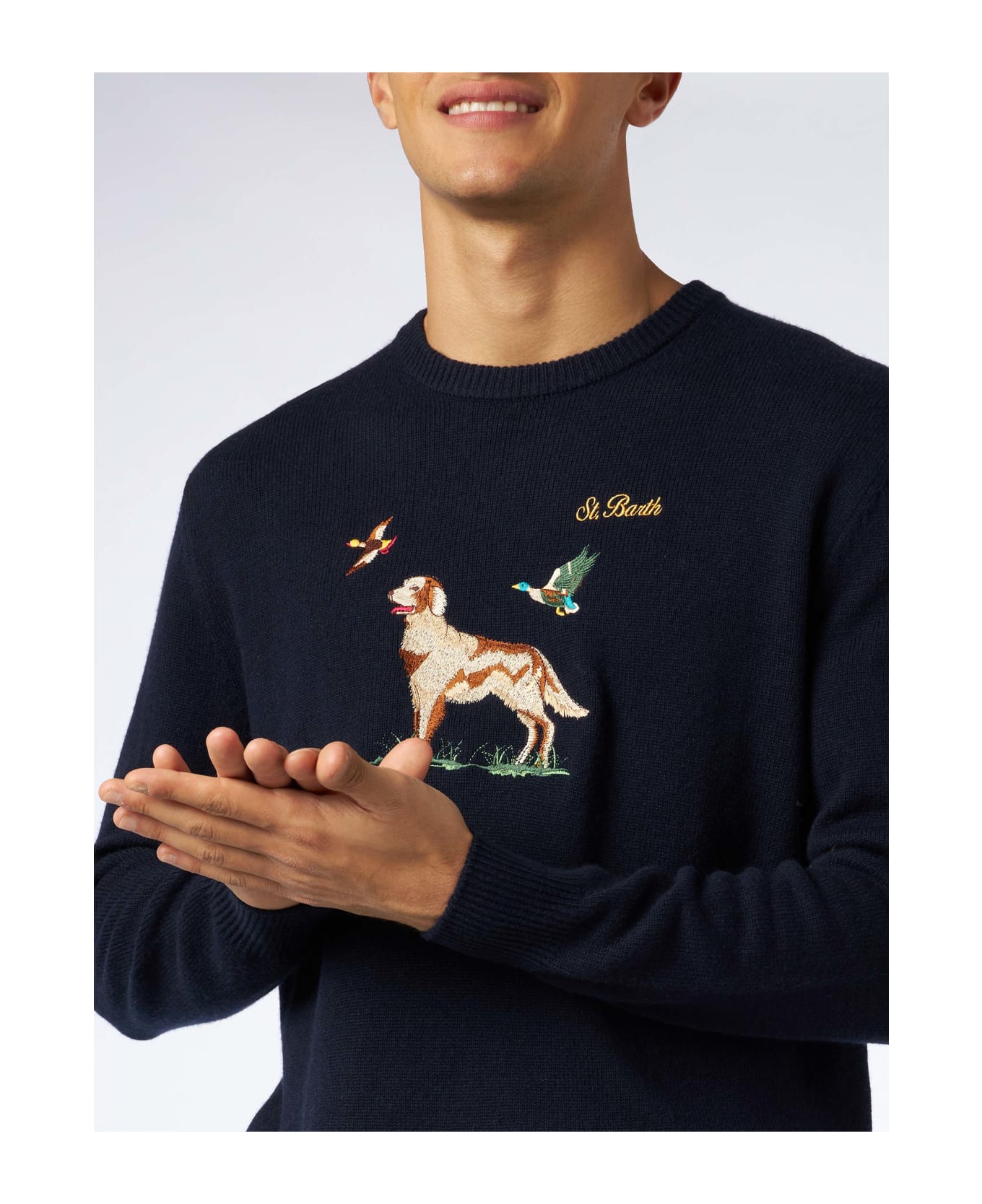 MC2 Saint Barth Man Crewneck Donegal Sweater With English Pointer Jacquard - BLUE