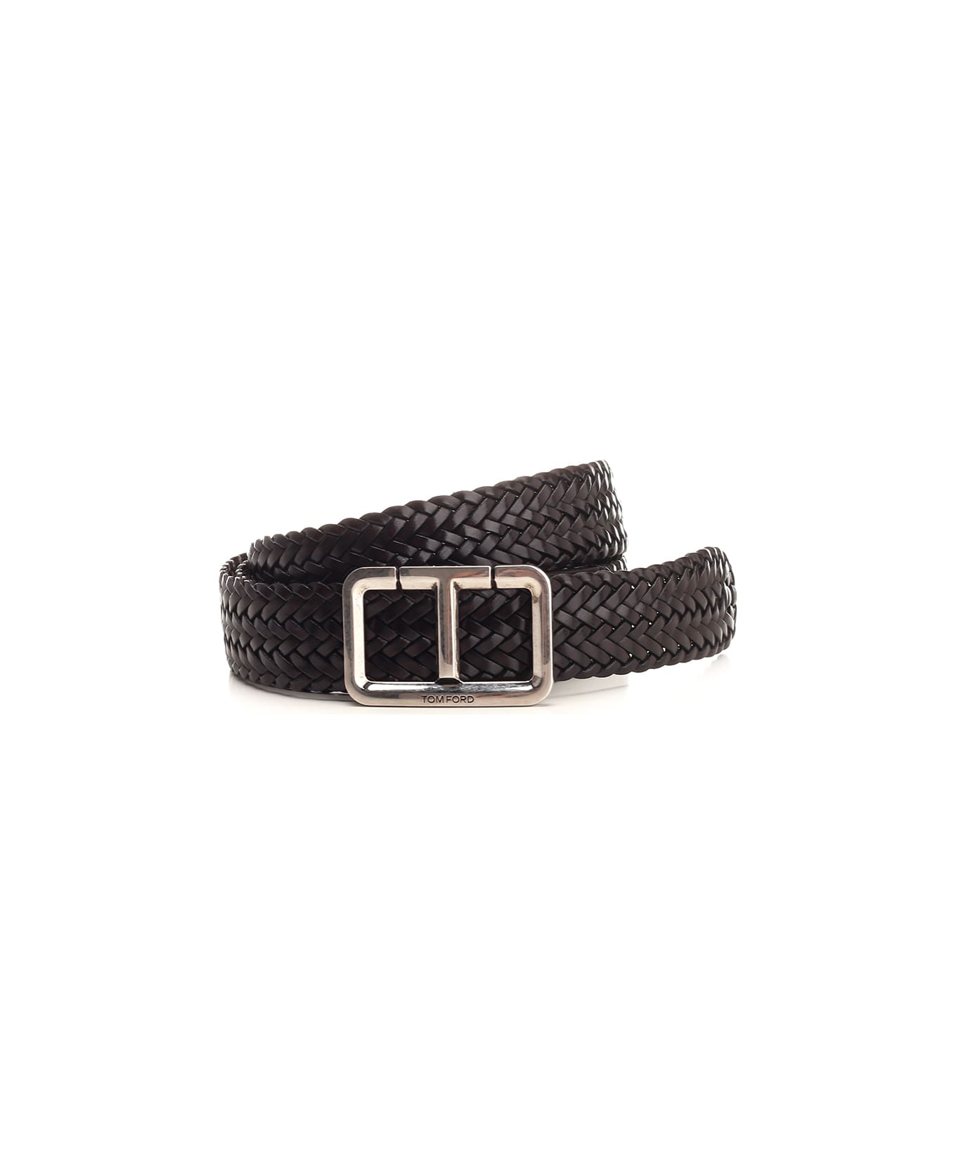 Tom Ford "t" Belt In Woven Leather - Brown
