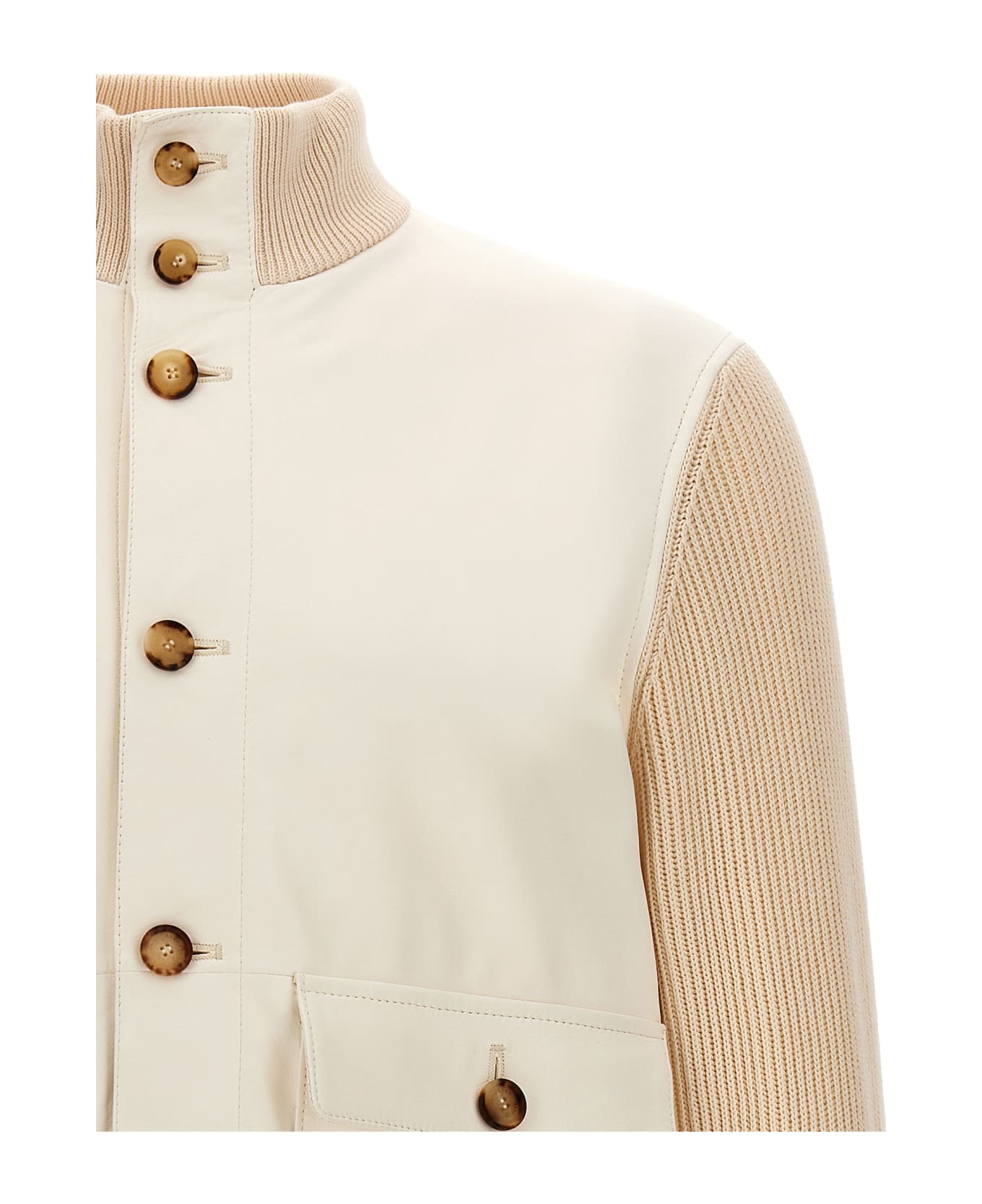 Brunello Cucinelli Leather Jacket With Knit Inserts - Beige