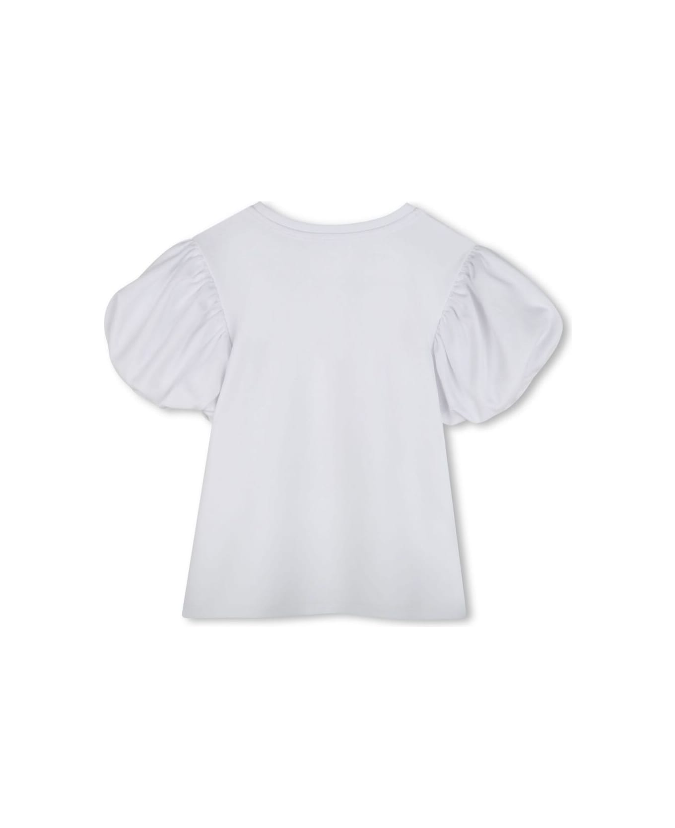 Marc Jacobs White Crewneck T-shirt With Puffed Sleeves And Logo Print On The Front In Cotton Girl - White