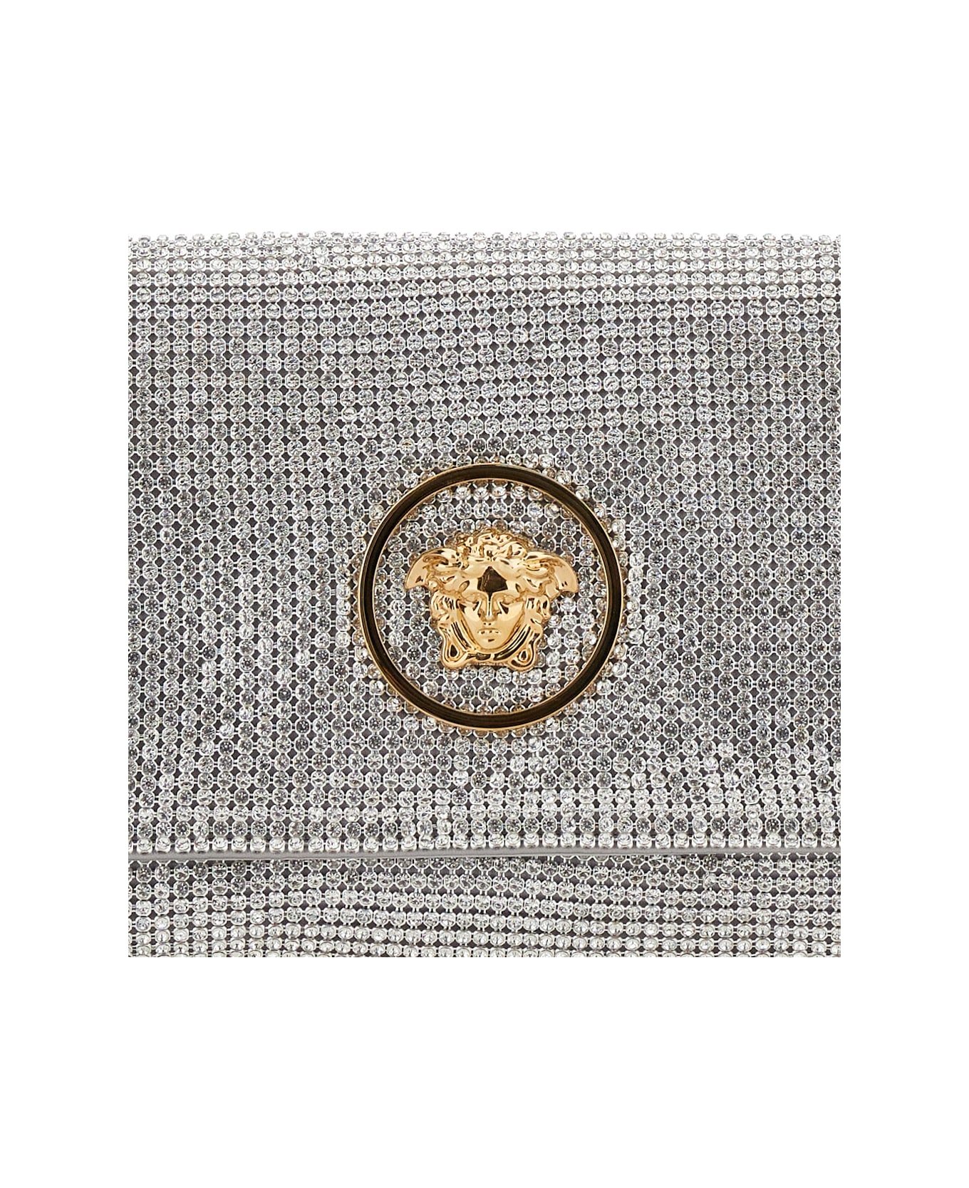 Versace Silver Colored Clutch With Medusa Plaque On The Front And All-over Rhinestones In Metal Woman - Metallic