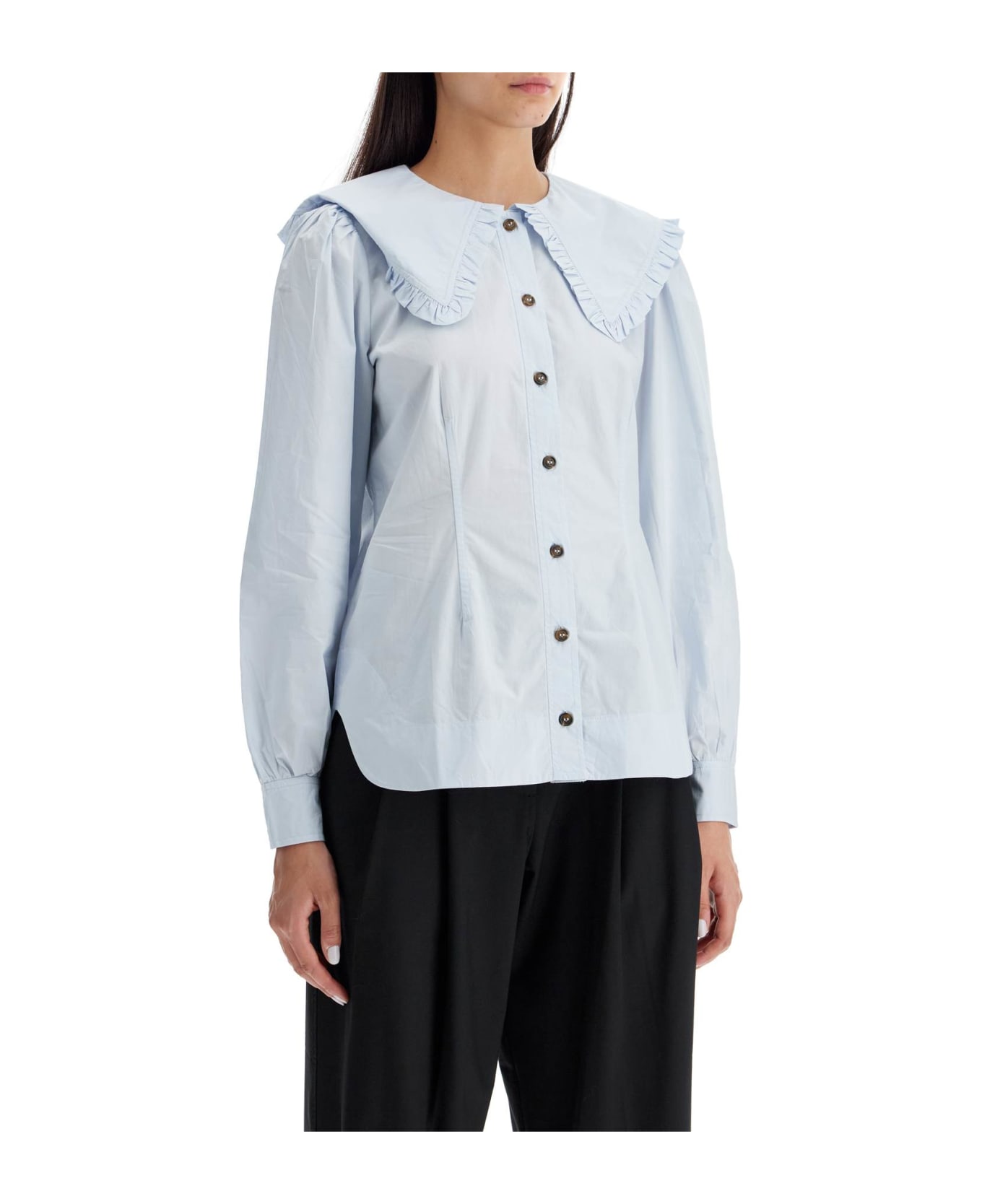 Ganni Poplin Shirt With Oversized Collar - HEATHER (Light blue)