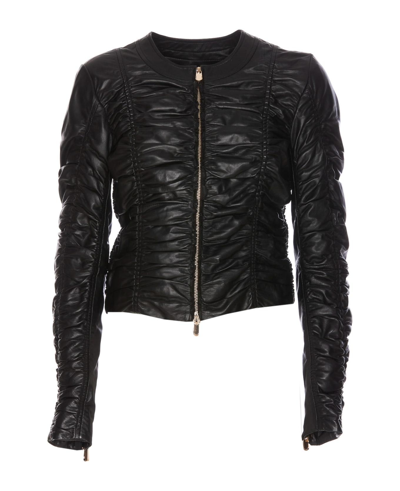 Pinko Ruched Detail Leather Jacket - Black