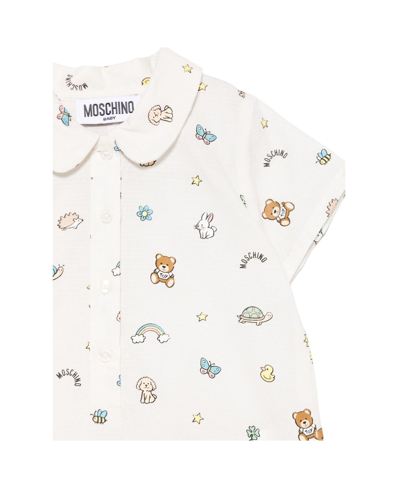 Moschino White One-piece With Peter Pan Collar And All-ove Graphic Print In Cotton Baby - White