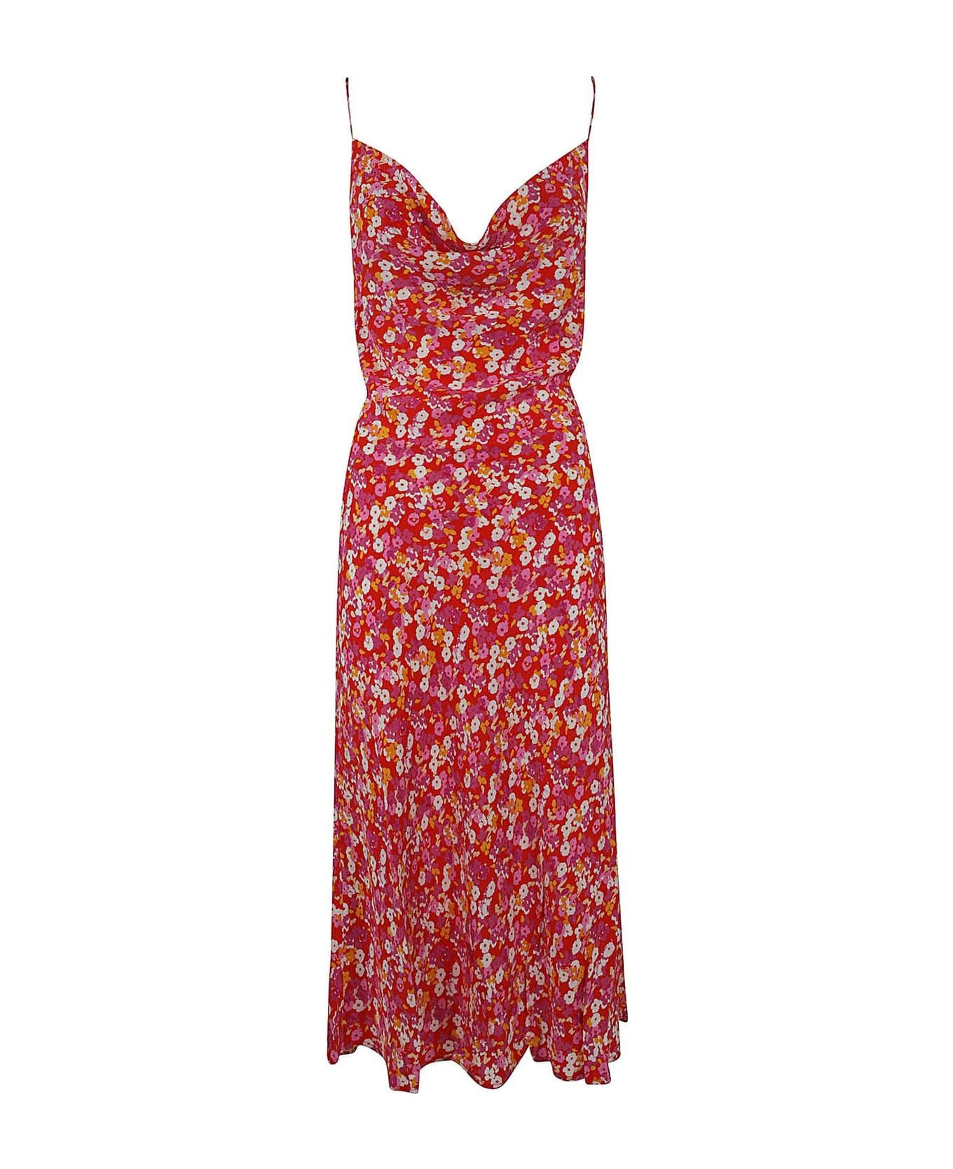 Rotate by Birger Christensen Jacquard Flower Printed Midi Dress - Acid Flower Aop+Fiery Red