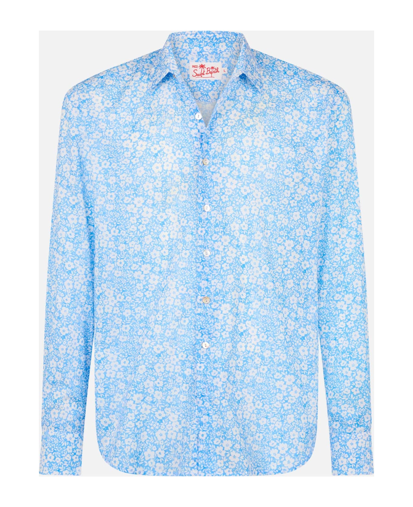 MC2 Saint Barth Man Muslin Cotton Shirt Sikelia With Micro Flower Print - SKY
