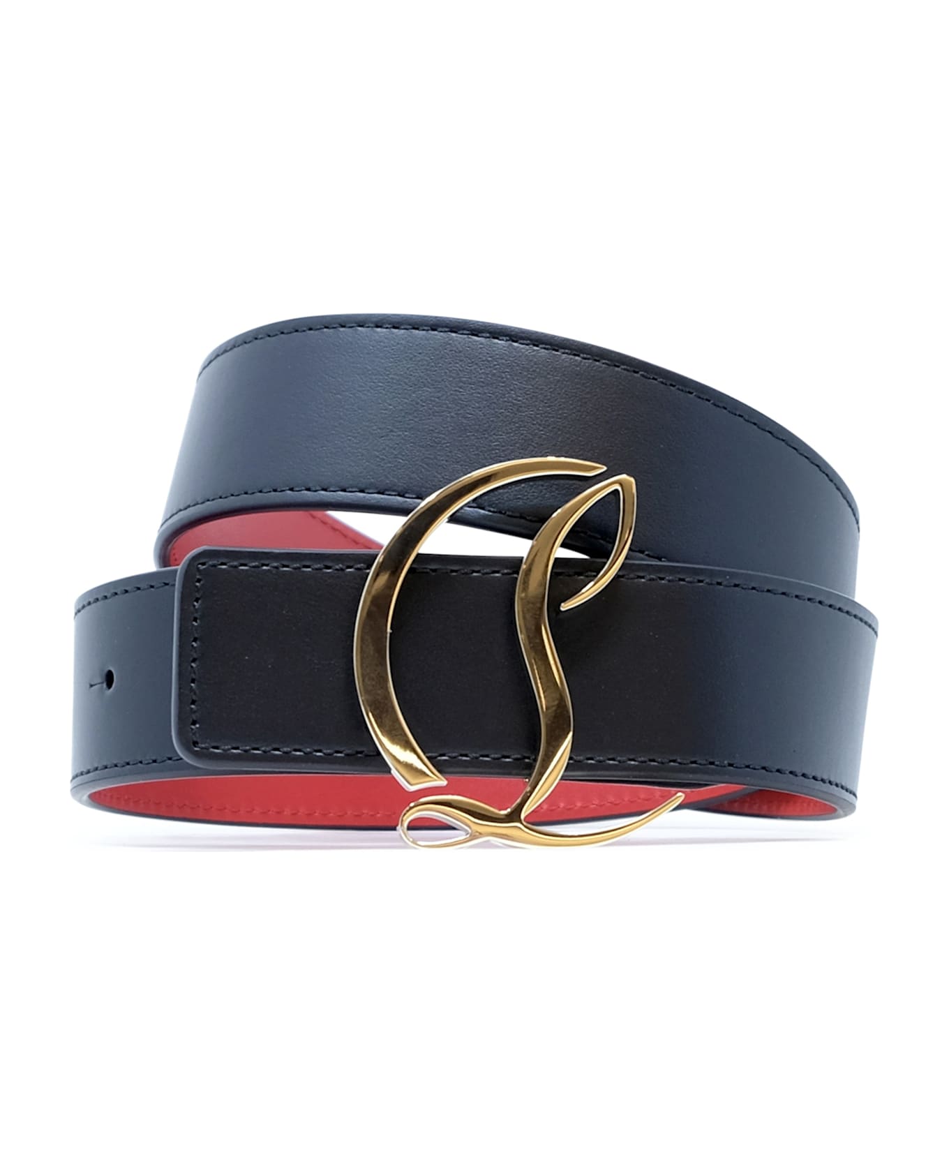 Christian Louboutin Black Gold Calf Paris Leather Metal W Cl Logo 35 Belt - BLACK