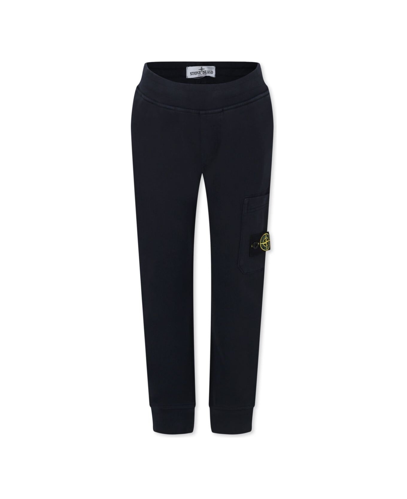 Stone Island Junior Blue Pants With Elastic Pants And Logo Patch On The Pocket In Cotton Boy - Blu