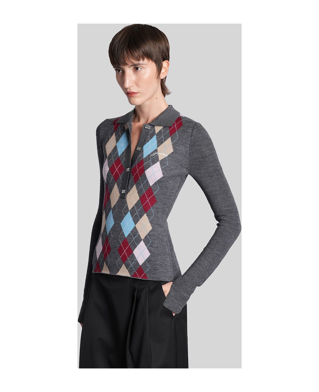 Ganni Polo In Grey Wool - grey