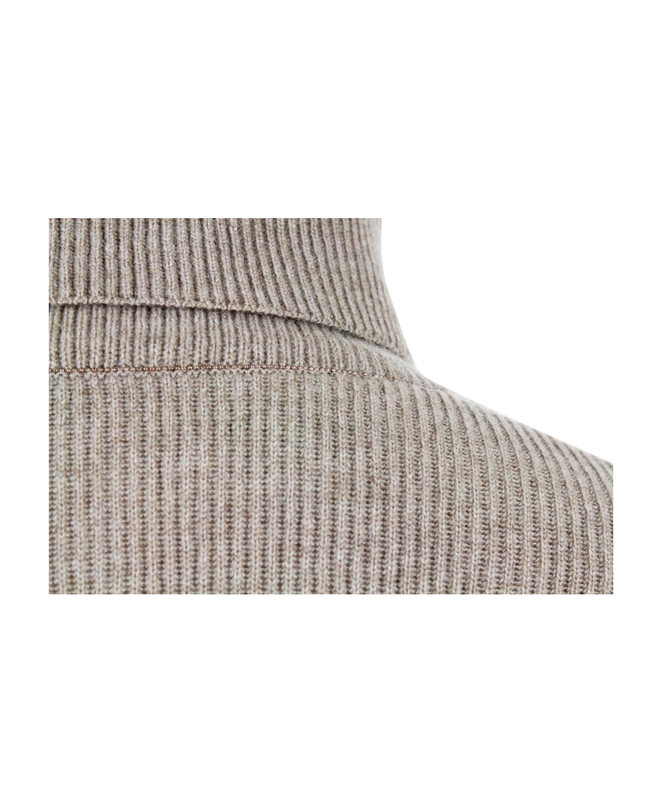 Brunello Cucinelli High Neck Sweater In Soft And Pure Cashmere Half English Rib With Monili Detail On The Neck In The Back - Tobacco