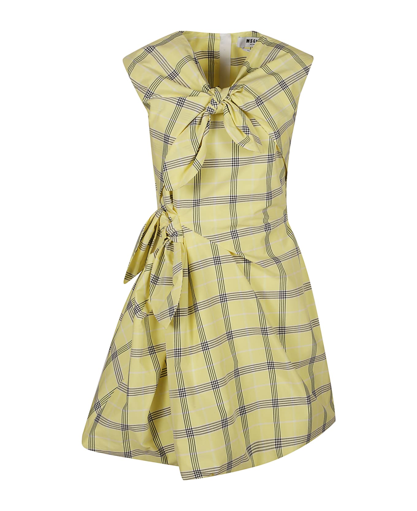 MSGM Bow Detail Check Patterned Flare Dress - yellow