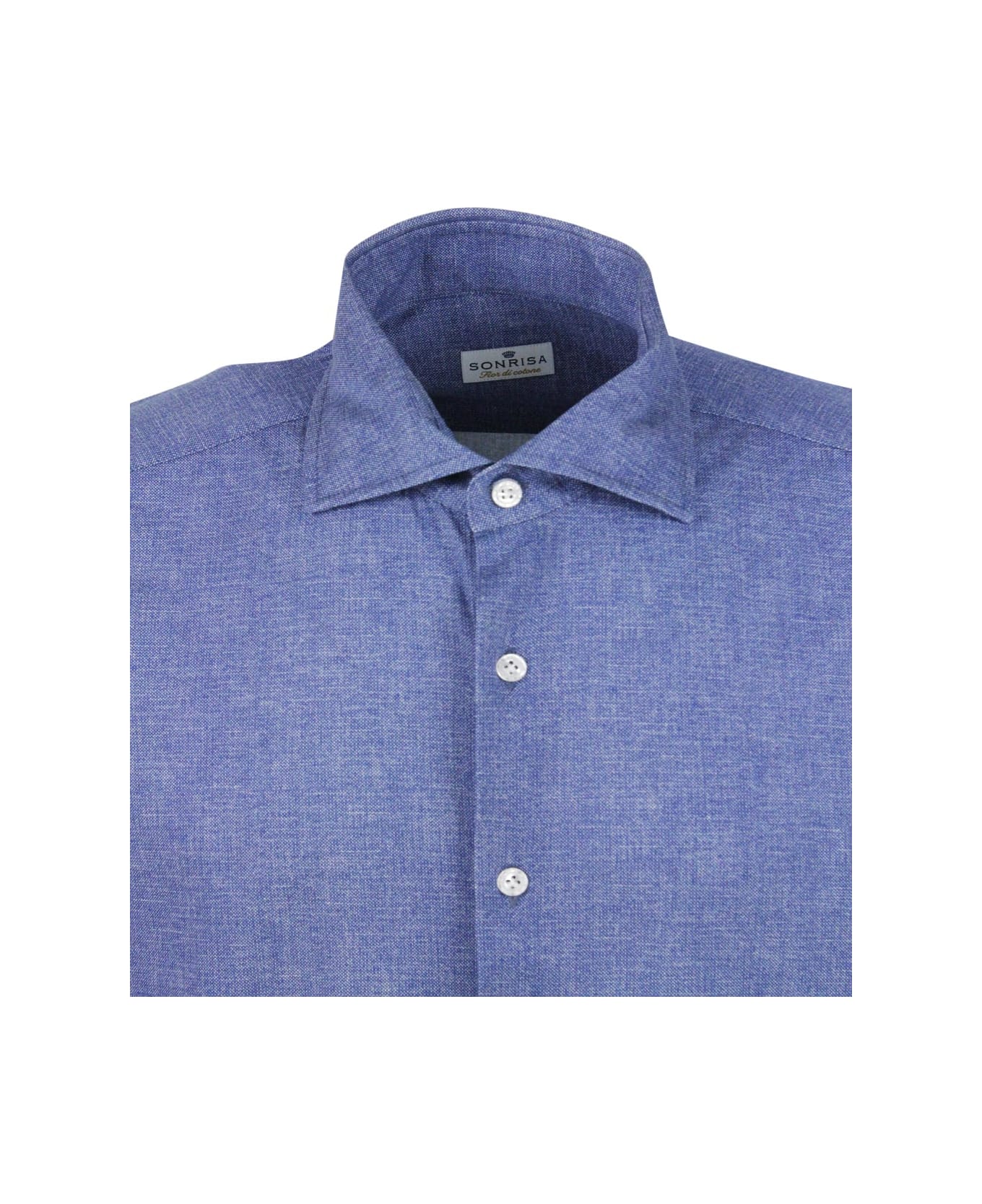Sonrisa Luxury Shirt In Soft, Precious And Very Fine Stretch Cotton Flower With French Collar In Two-tone Melange Print - Blu