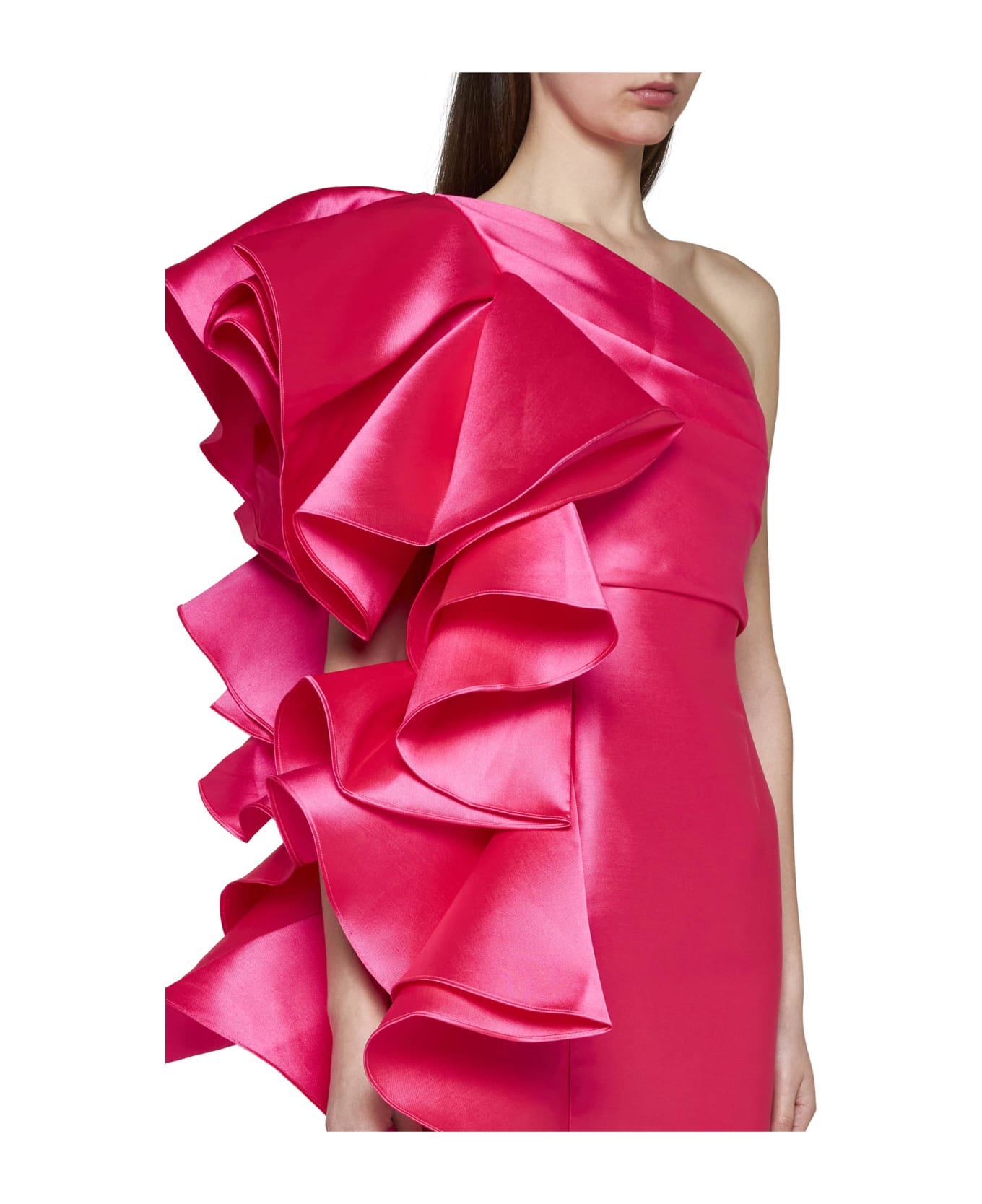 Solace London Fuchsia Mini Dress With Ruffles At The Side In Techno Fabric Woman - Ultra pink ワンピース＆ドレス
