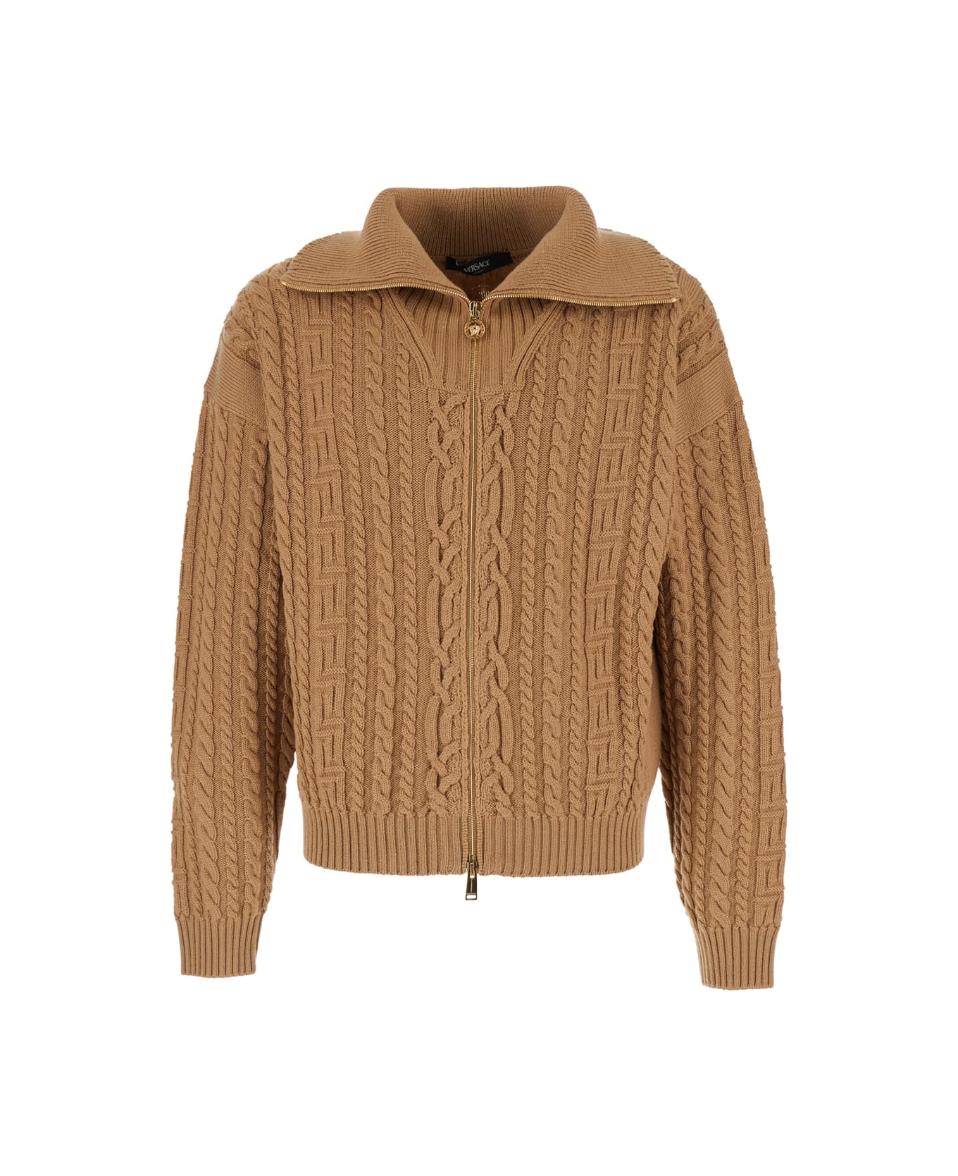 Versace Beige Turtleneck Sweater With Zip Closure And Medusa Head Embroidered On The Back In Virgin Wool Man - Beige