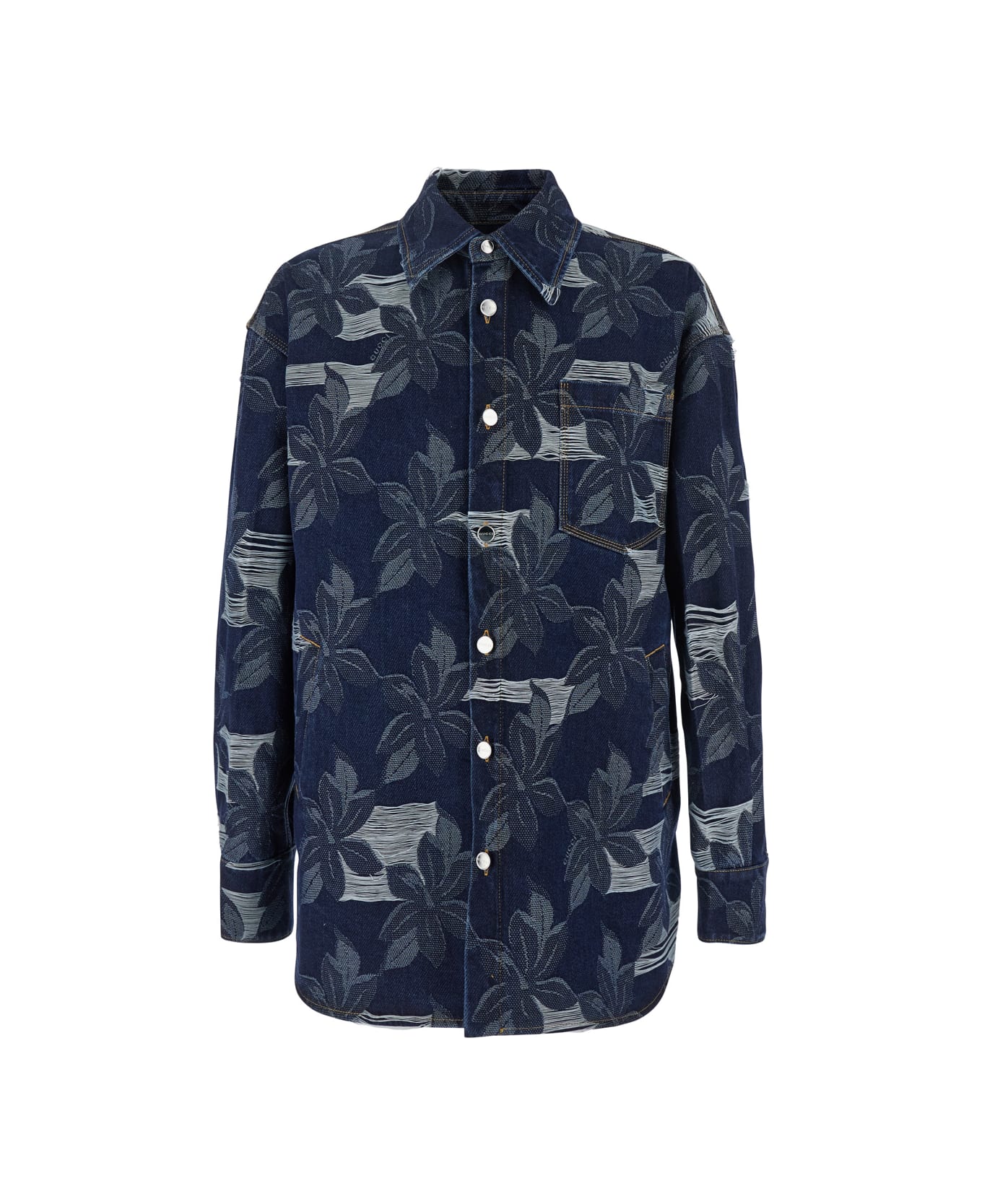 Gucci Blue Jacket With All-over Floral Motif And Ripped Details In Denim Man - Blu