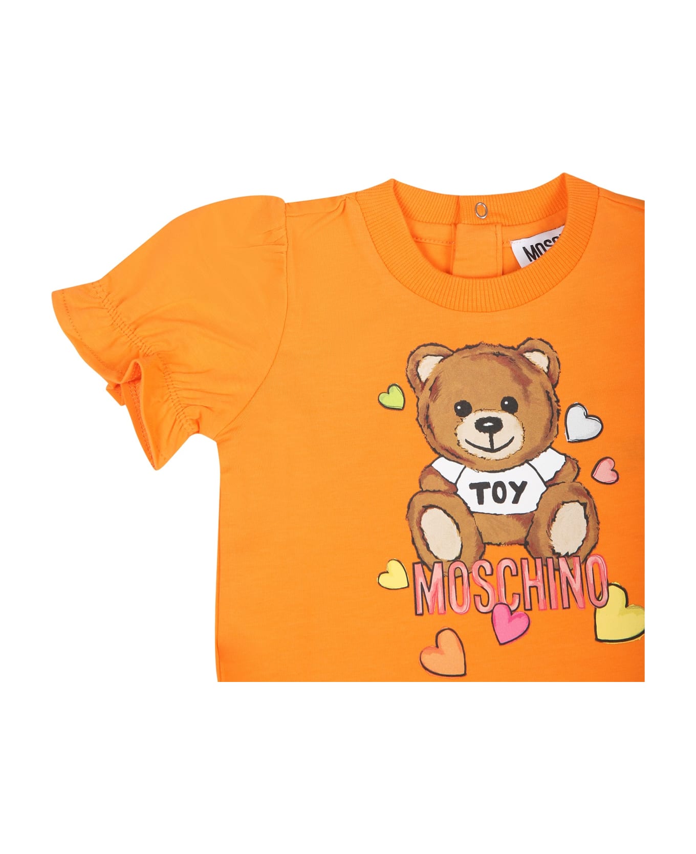 Moschino Orange Dress For Baby Girl With Teddy Bear And Hearts - Orange