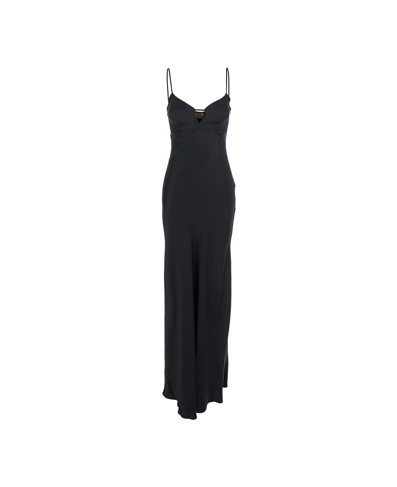TwinSet Black Long Dress With Thin Shoulder Straps And Metallic Logo Plaque On The Back In Tech Fabric Woman - Black