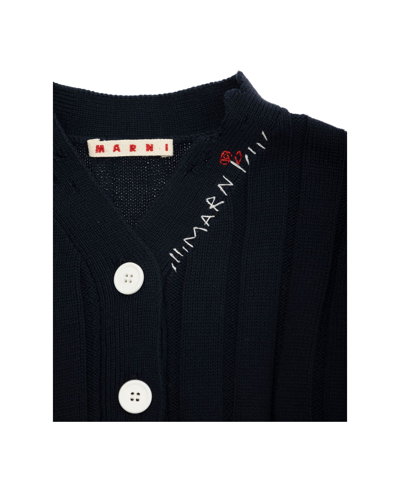 Marni Blue Cardigan With Distressed Effect And Embroidered Logo On The Front In Cotton Girls - Blu