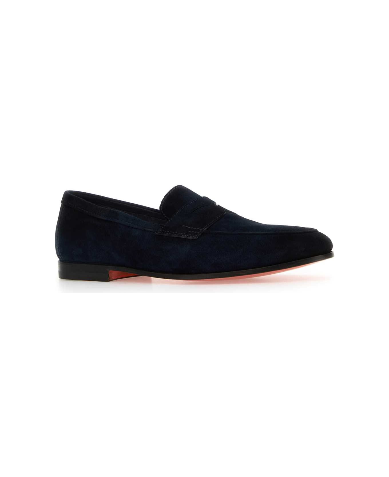 Santoni Navy Blue Suede Carlos Loafers - Blue
