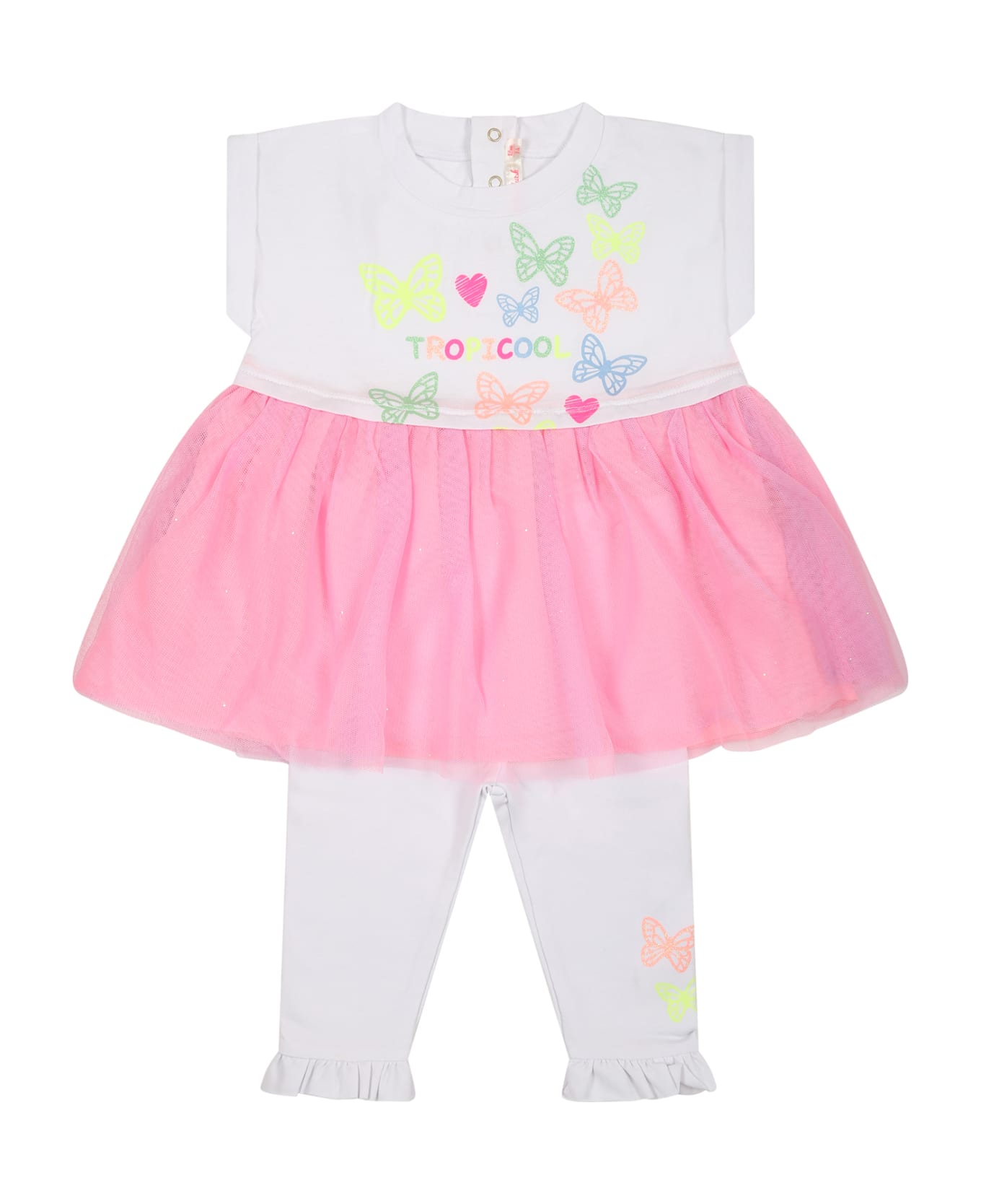 Billieblush White Suit For Baby Girl With Butterflies And Hearts - White ボトムス