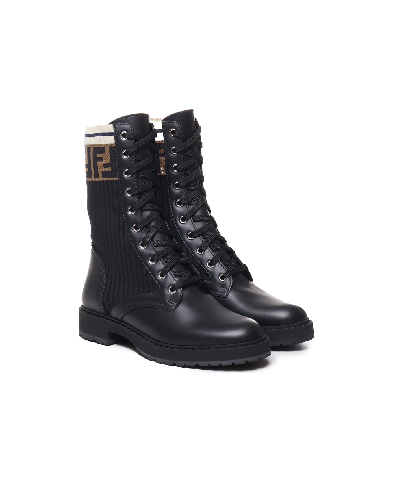 Fendi Leather And Mesh Biker Boots With Ff Monogram - Nero/tab.nero marino ブーツ