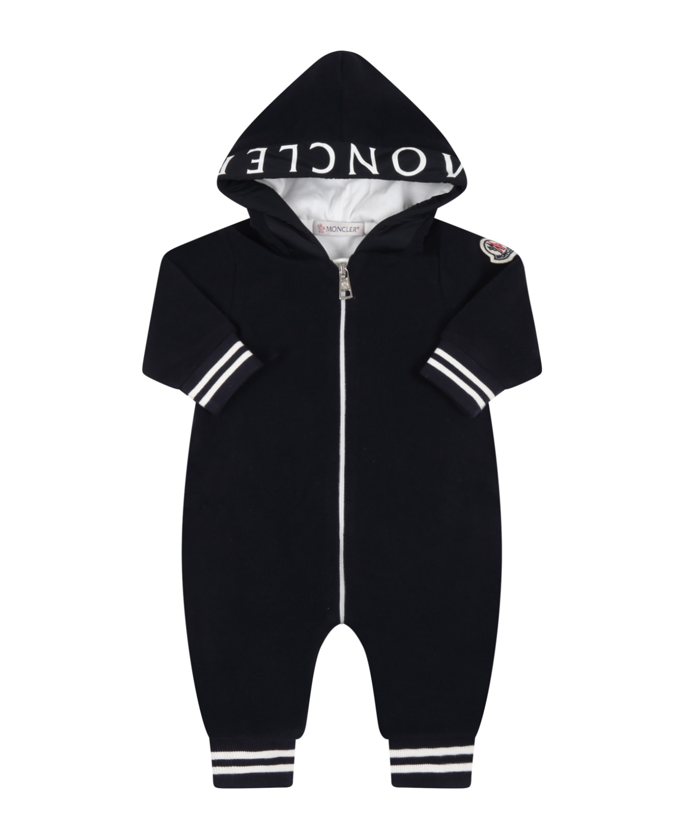 Moncler Blue Romper For Baby Boy With Logo Patch - Blue