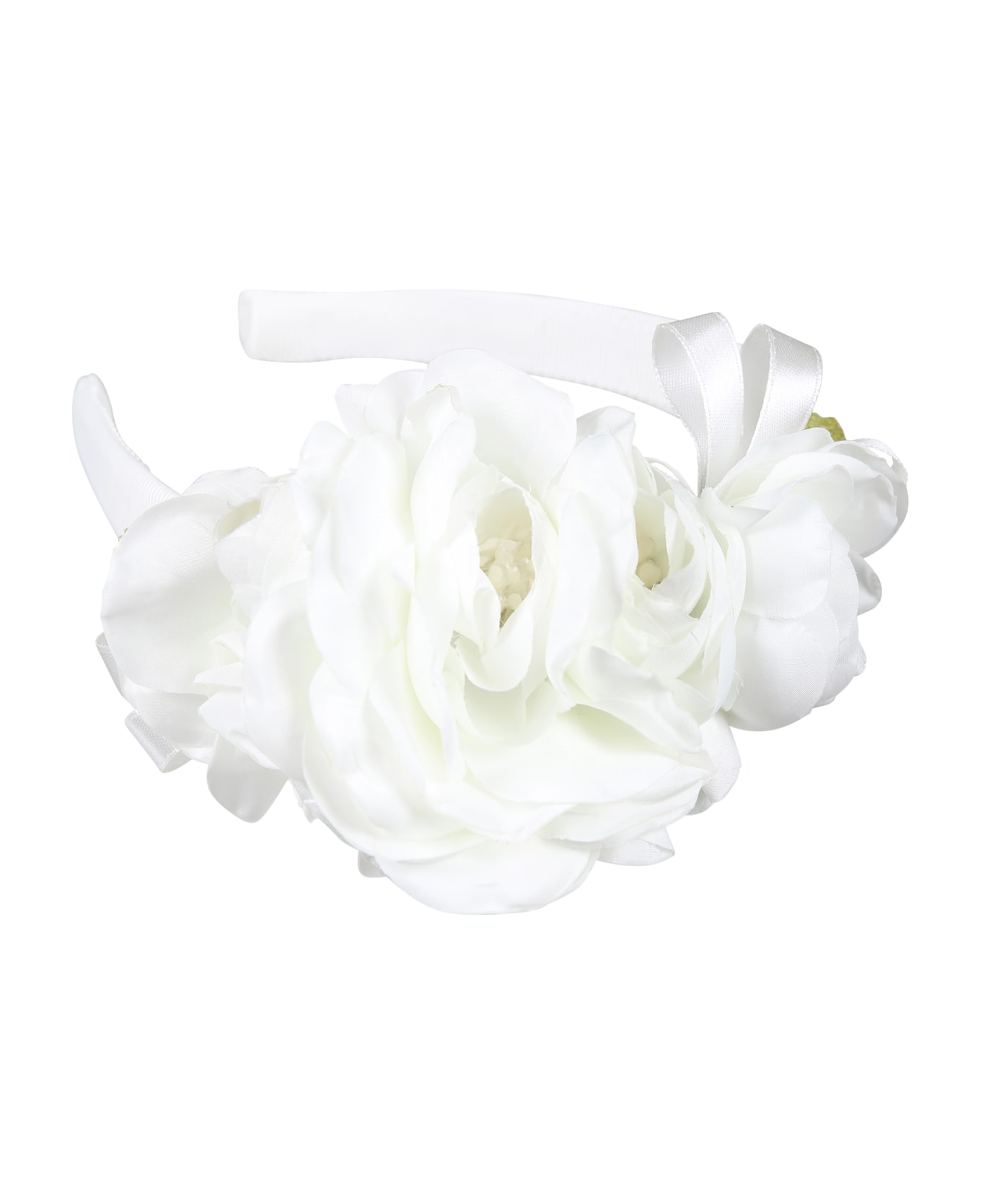Monnalisa White Headband For Girl With Flowers - White アクセサリー＆ギフト