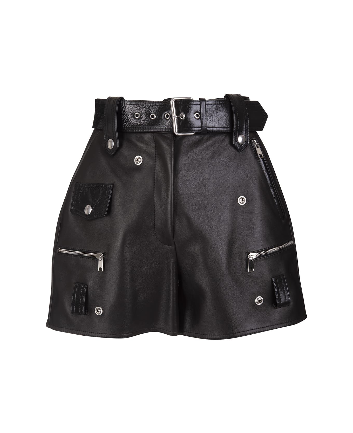 Alexander McQueen Woman Black Leather Shorts With Belt And Studs - Black