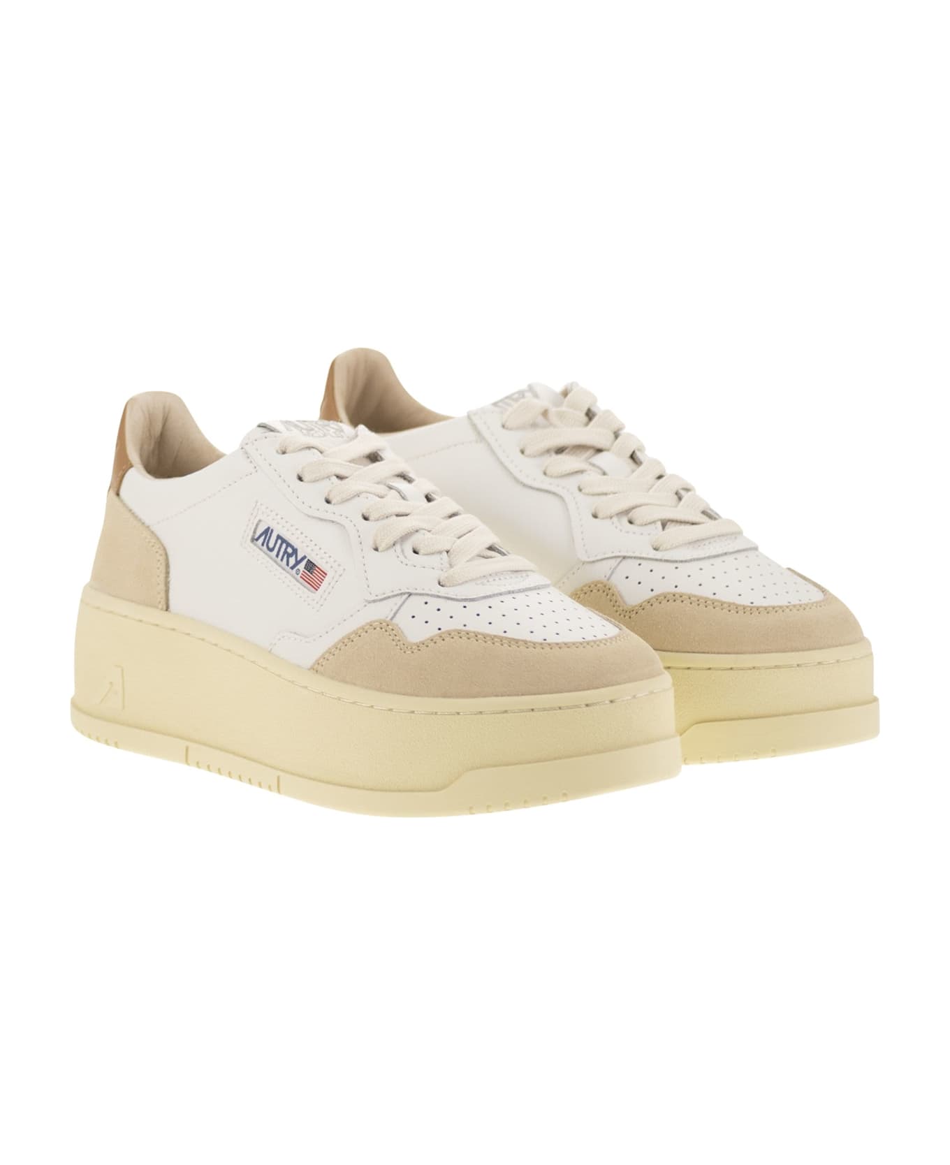 Autry Medalist Platform - Leather And Suede Trainers - White/beige
