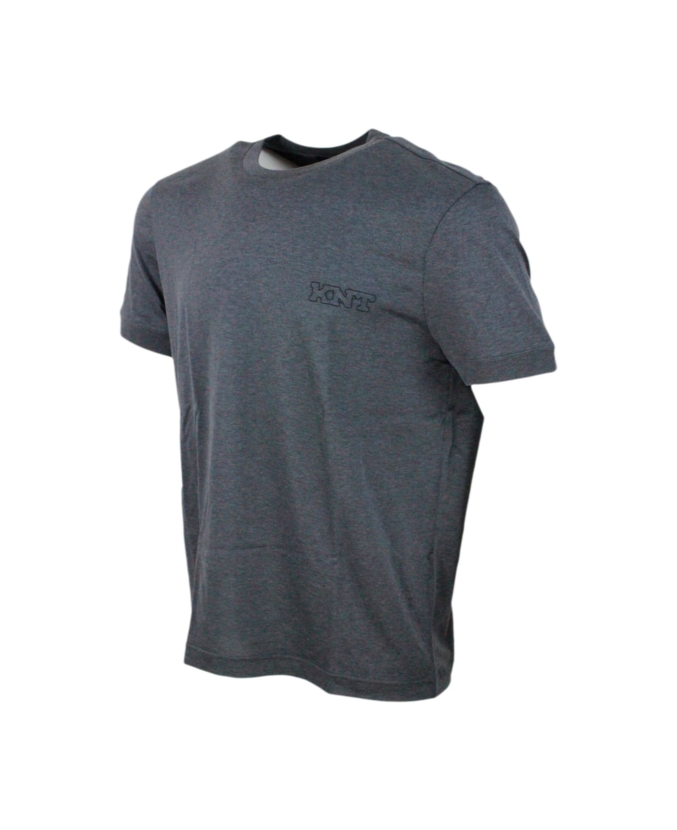 Kiton Short-sleeved Crew-neck Knt T-shirt In Fine Cotton With Logo Embroidery On The Chest - Grey
