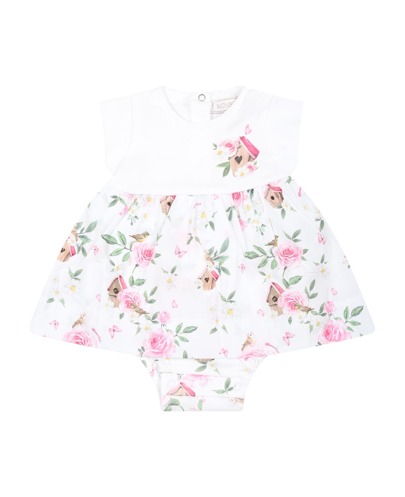 Monnalisa White Romper For Baby Girl With Flowers Print - White ボディスーツ＆セットアップ
