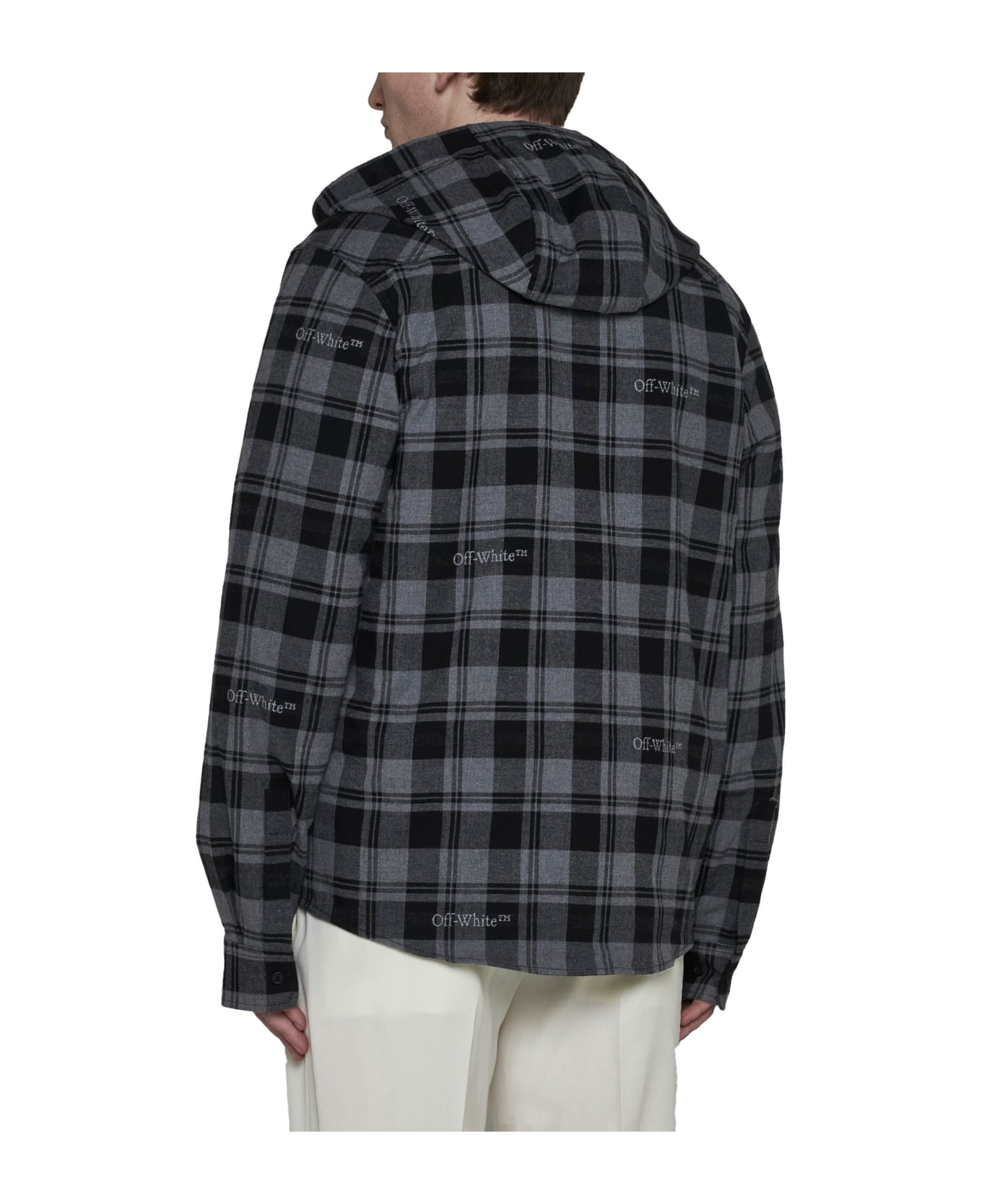 Off-White Hooded Flannel Shirt - Dark grey black