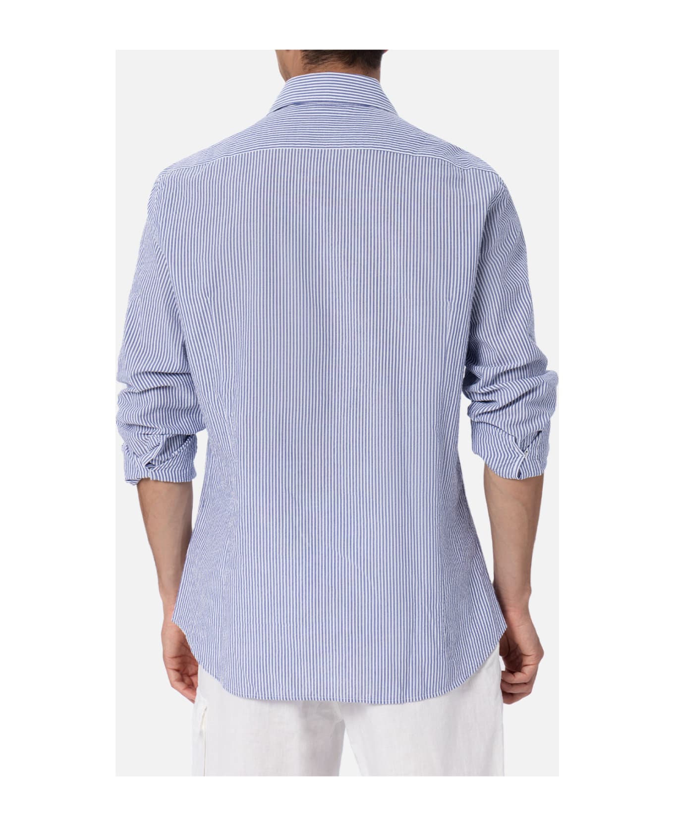 MC2 Saint Barth Man Seersucker Cotton Shirt Pamplona With Bluette Stripes - SKY