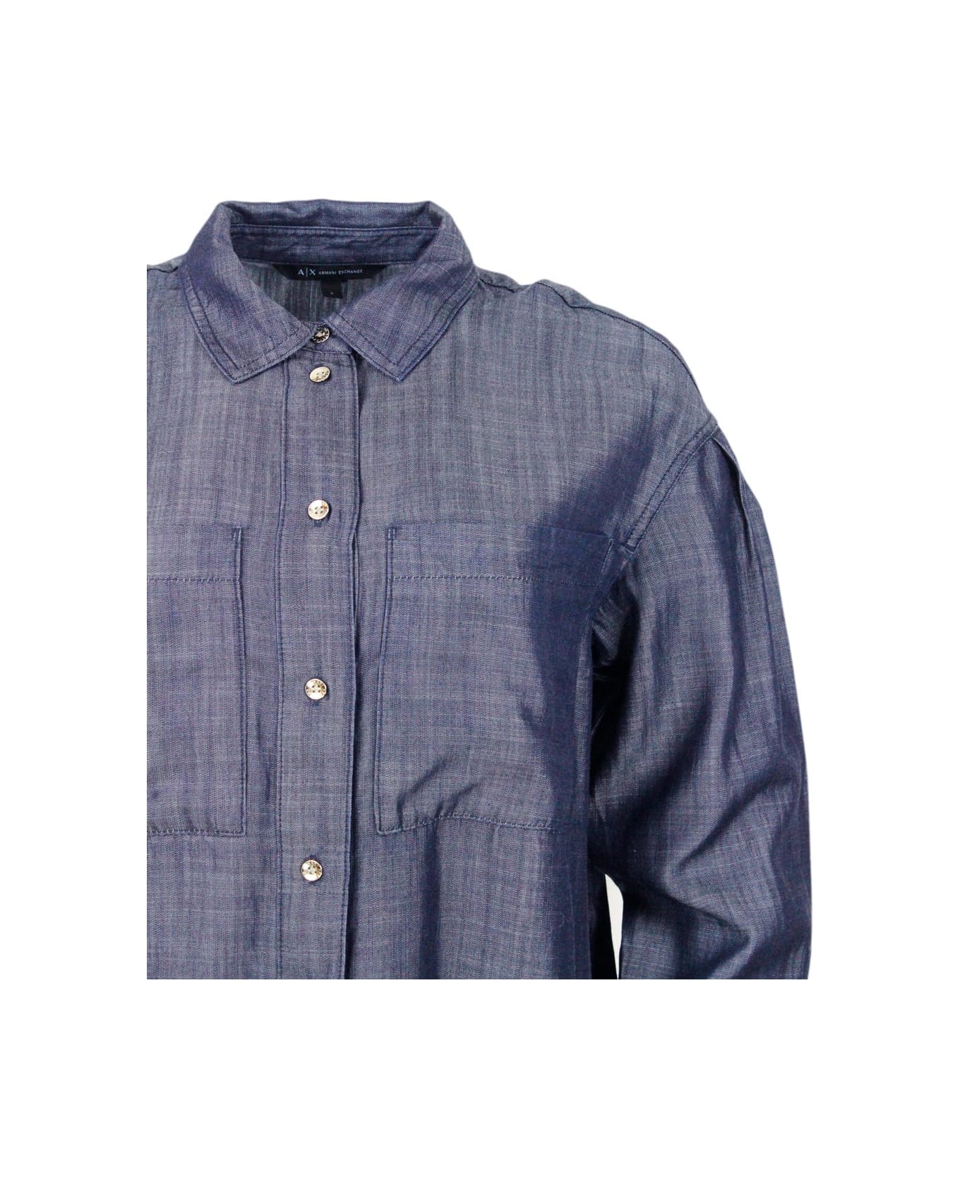 Armani Collezioni Lightweight Long-sleeved Denim Shirt With Chest Pockets And Button Closure - Denim Dark