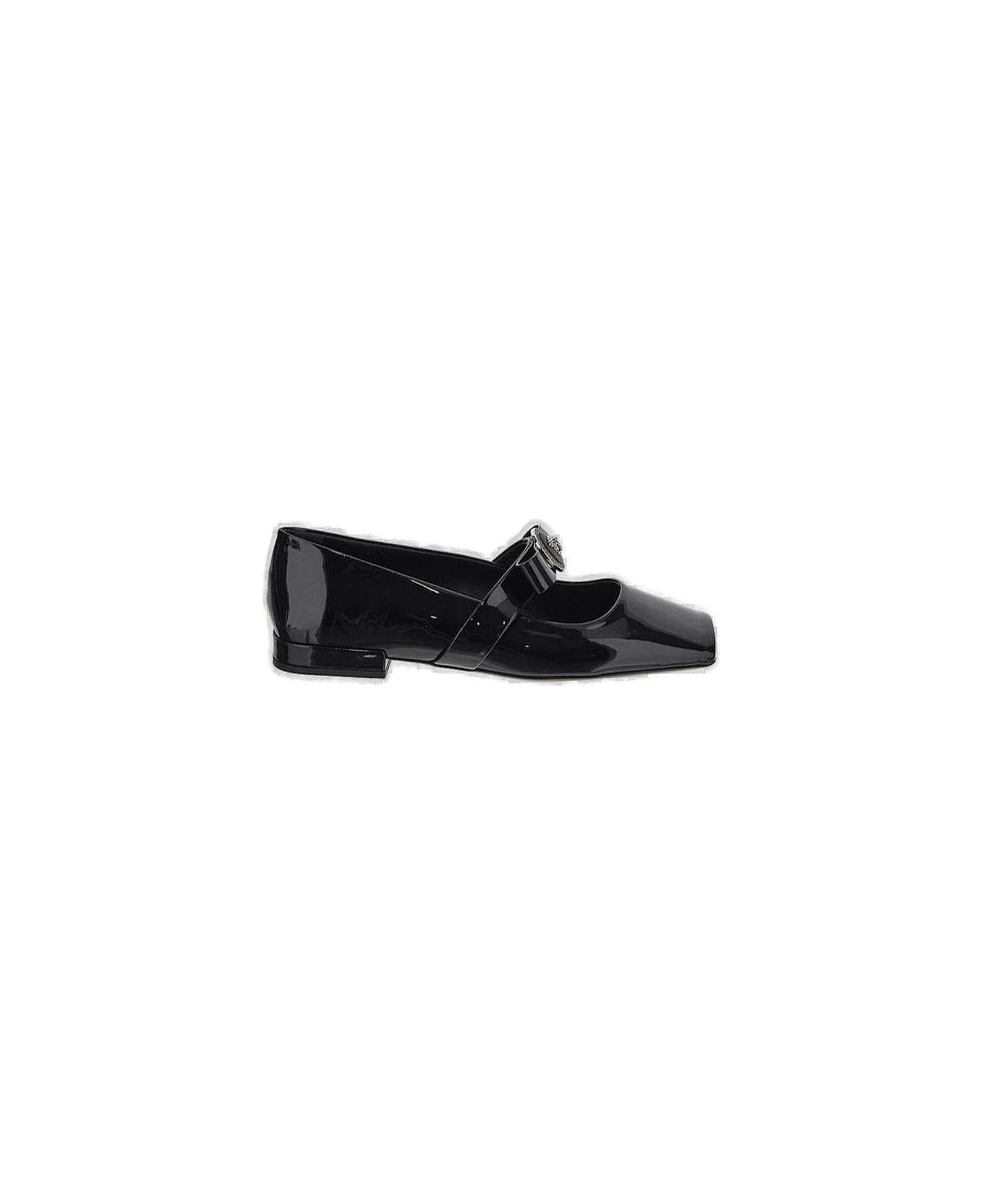 Versace Gianni Ribbon Square-toe Ballerina Shoes - BLACK フラットシューズ