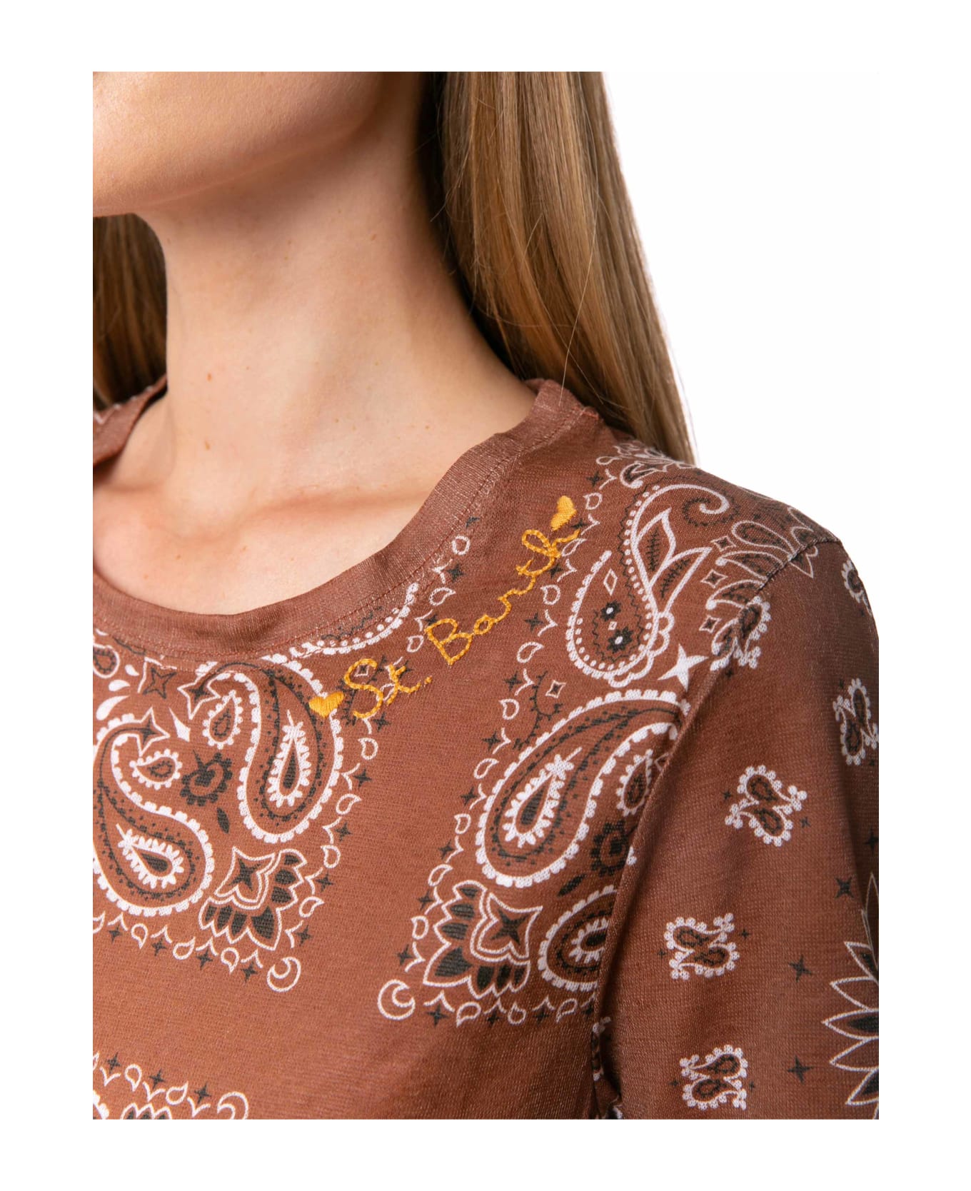 MC2 Saint Barth Woman Linen T-shirt With Bandanna Print - BROWN