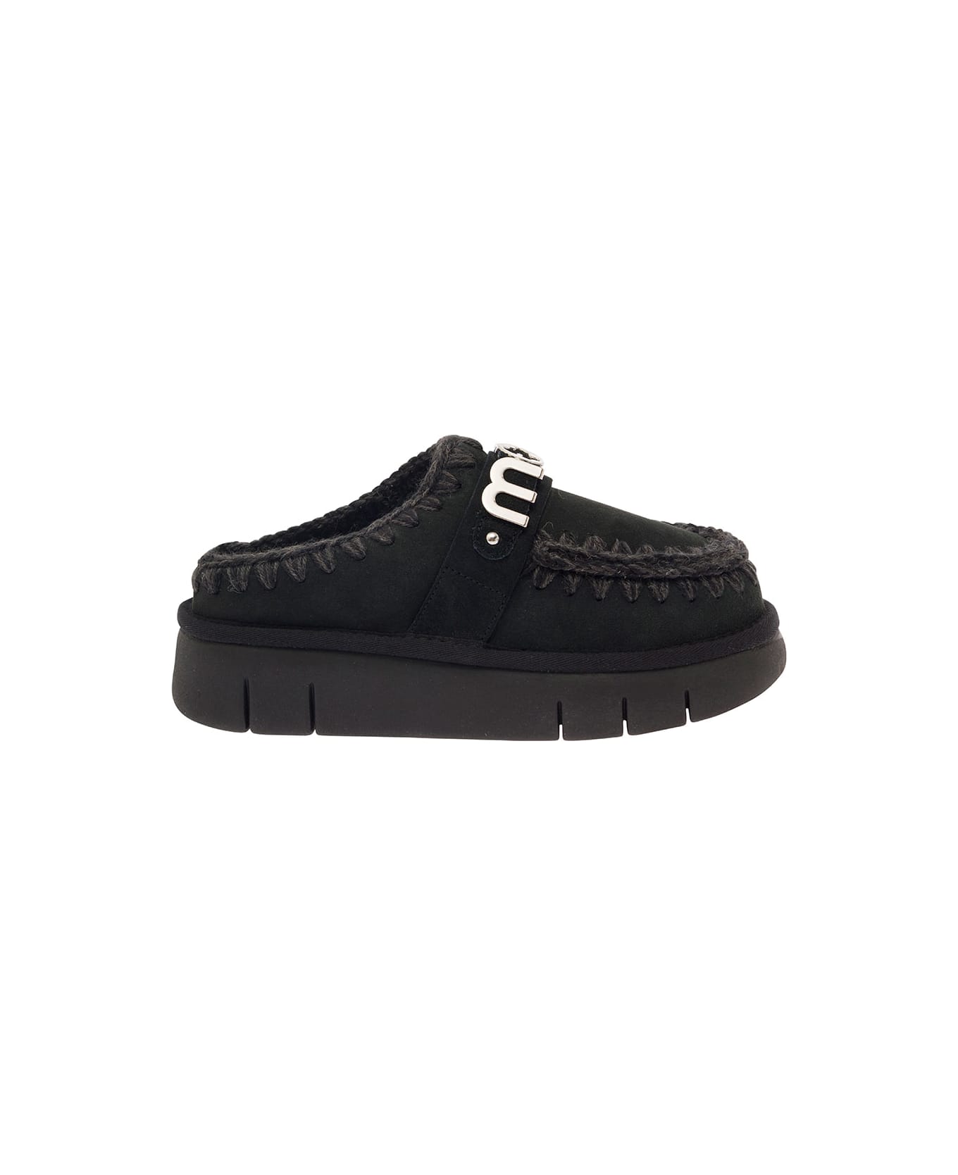 Mou 
bounce
 Black Mules With Logo Lettering And Open Rear In Suede Woman - Bkbk