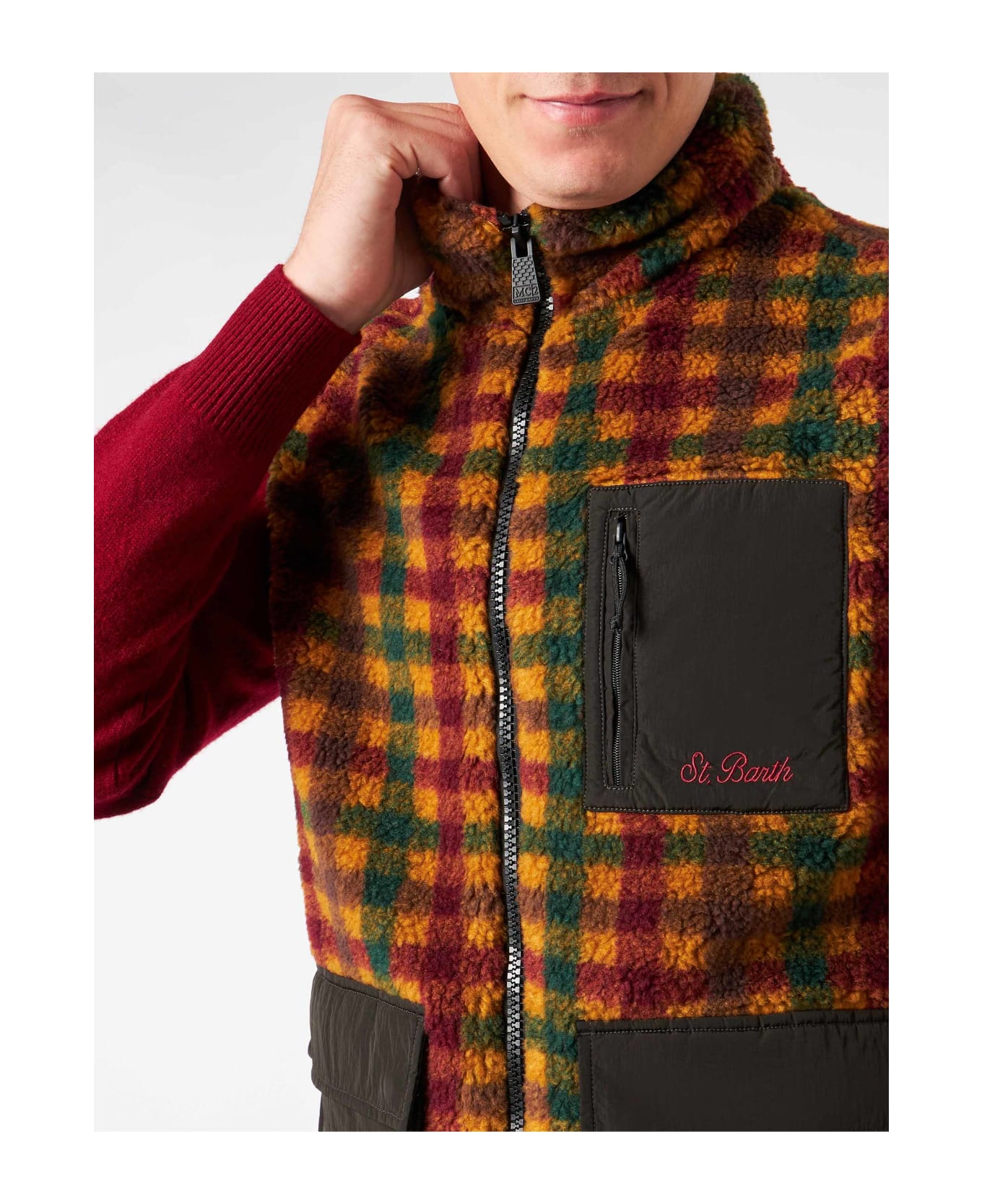 MC2 Saint Barth Man Check Sherpa Vest Jacket With Patch Pockets - BROWN