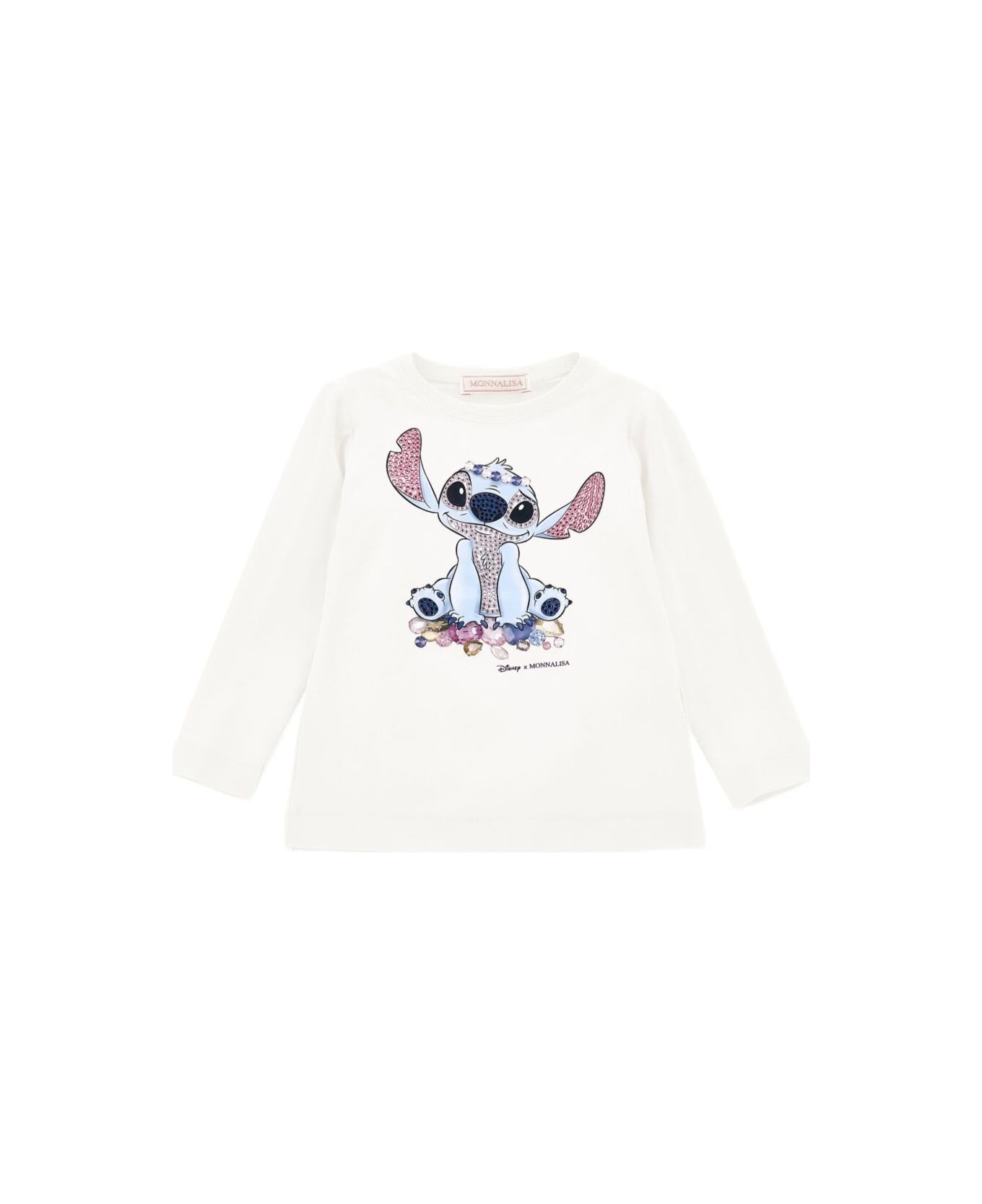 Monnalisa White Long-sleeved T-shirt With Front Print In Cotton Baby - White