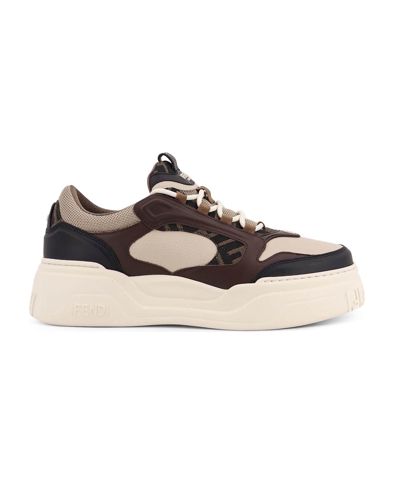 Fendi Force Leather Sneakers With Ff Jacquard Fabric Inserts - NERO+LATTE+BEIGE スニーカー