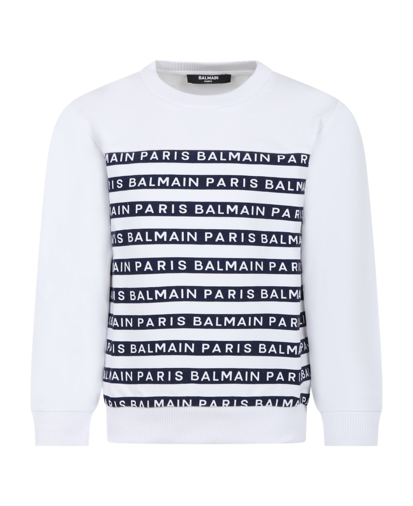 Balmain White Sweatshirt For Kids With Blue Stripes And Logo - White