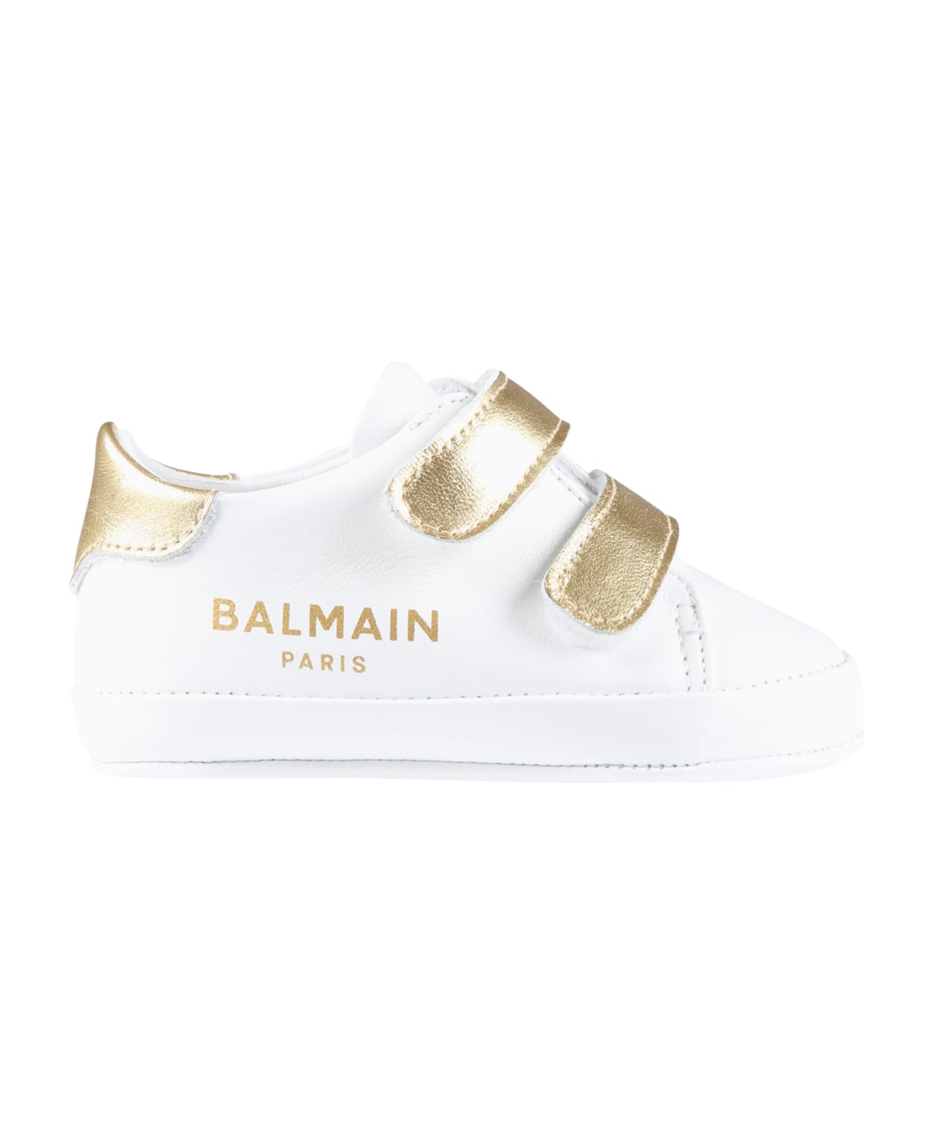 Balmain White Sneakers For Babies With Golden Logo - White