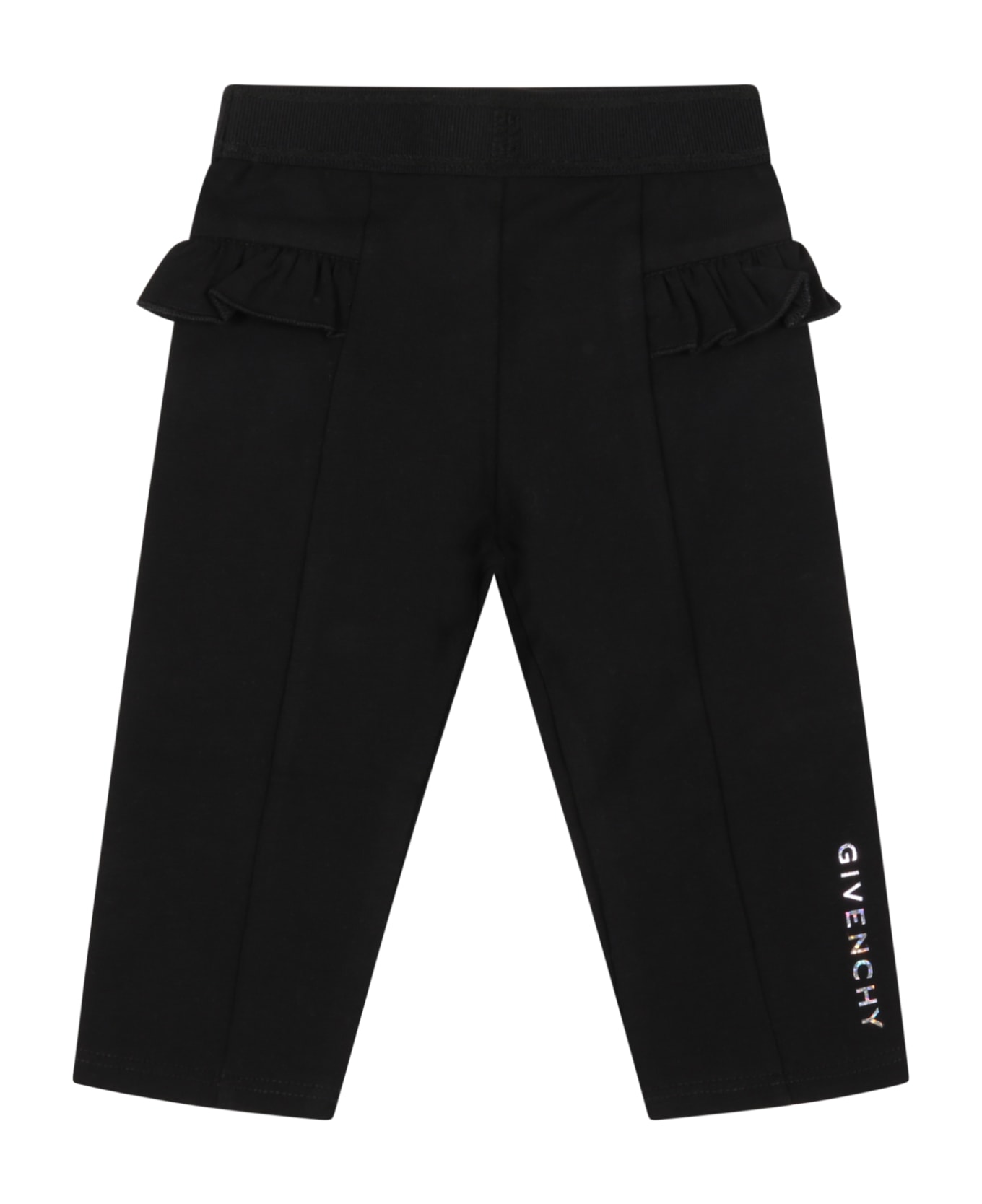 Givenchy Black Trousers For Baby Girl With Riffles Et Logo - Black