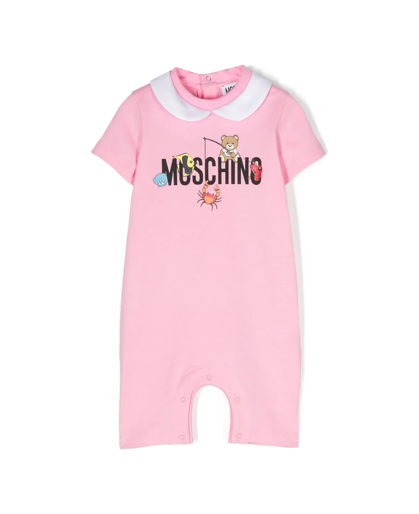 Moschino Short Pink Playsuit With Logo And Teddy Bear With Fish - Pink