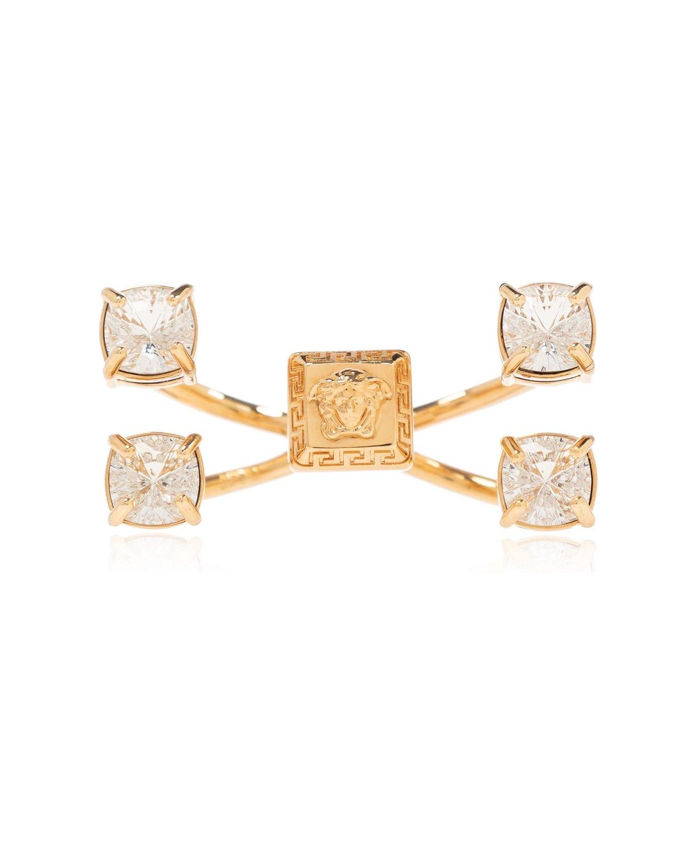 Versace Medusa Embellished Two-finger Ring - Gold Crystal