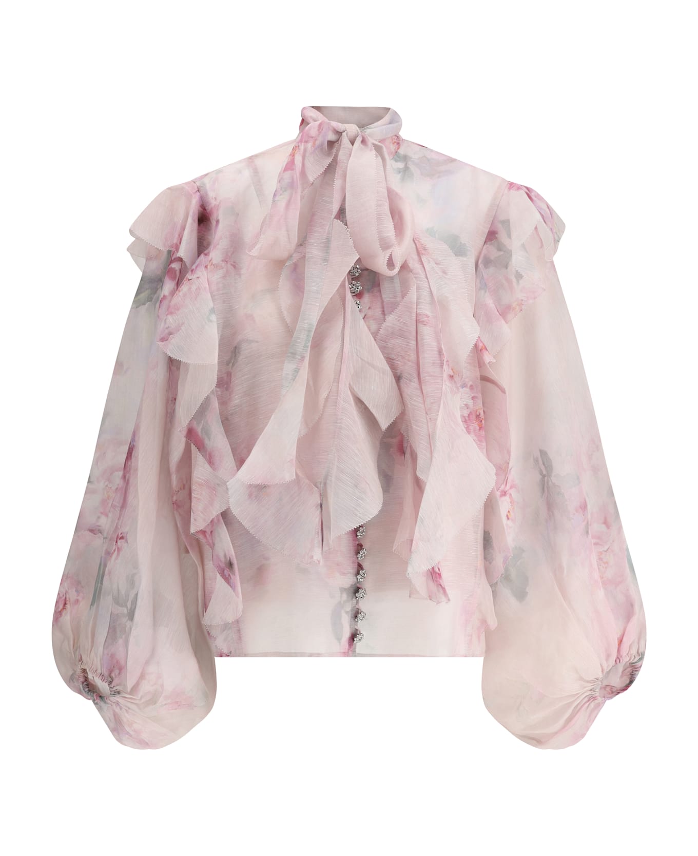 Zimmermann Crush Tie Neck Ruffle Blouse - Pink Floral