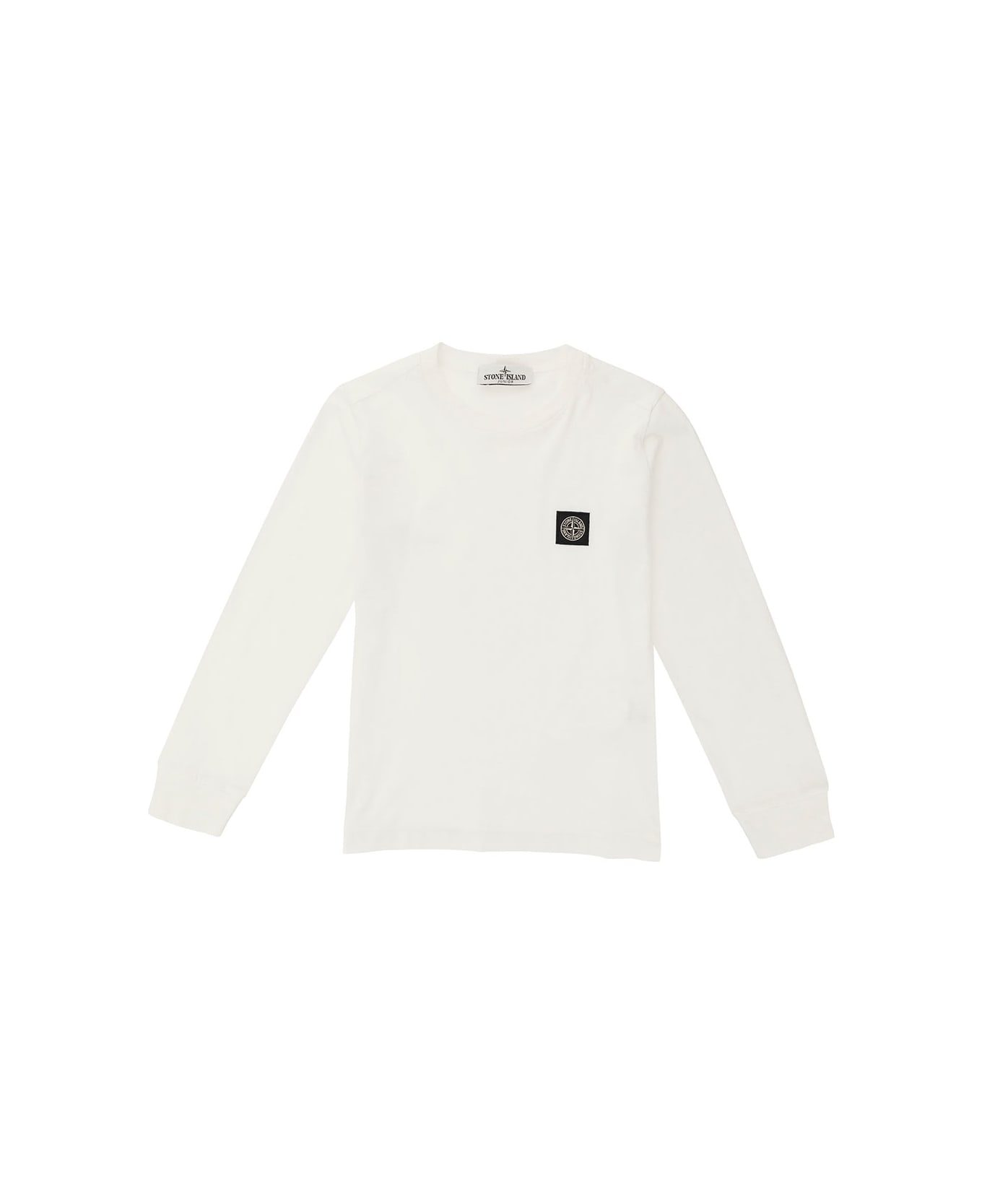 Stone Island Junior White Crewneck Sweater With Logo Patch In Cotton Boy - White ニットウェア＆スウェットシャツ